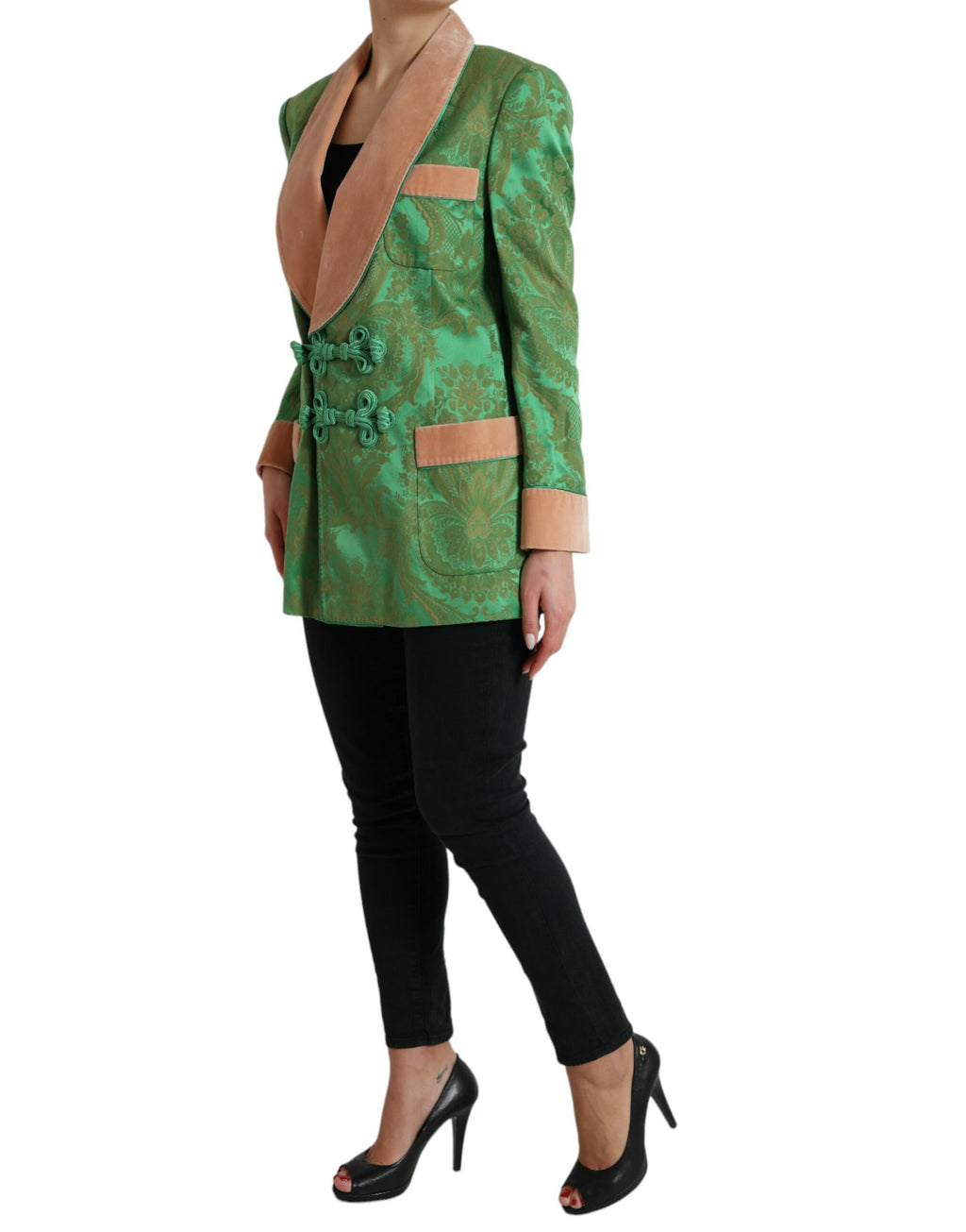 Dolce & Gabbana Green Floral Double-Breasted Coat Jacket