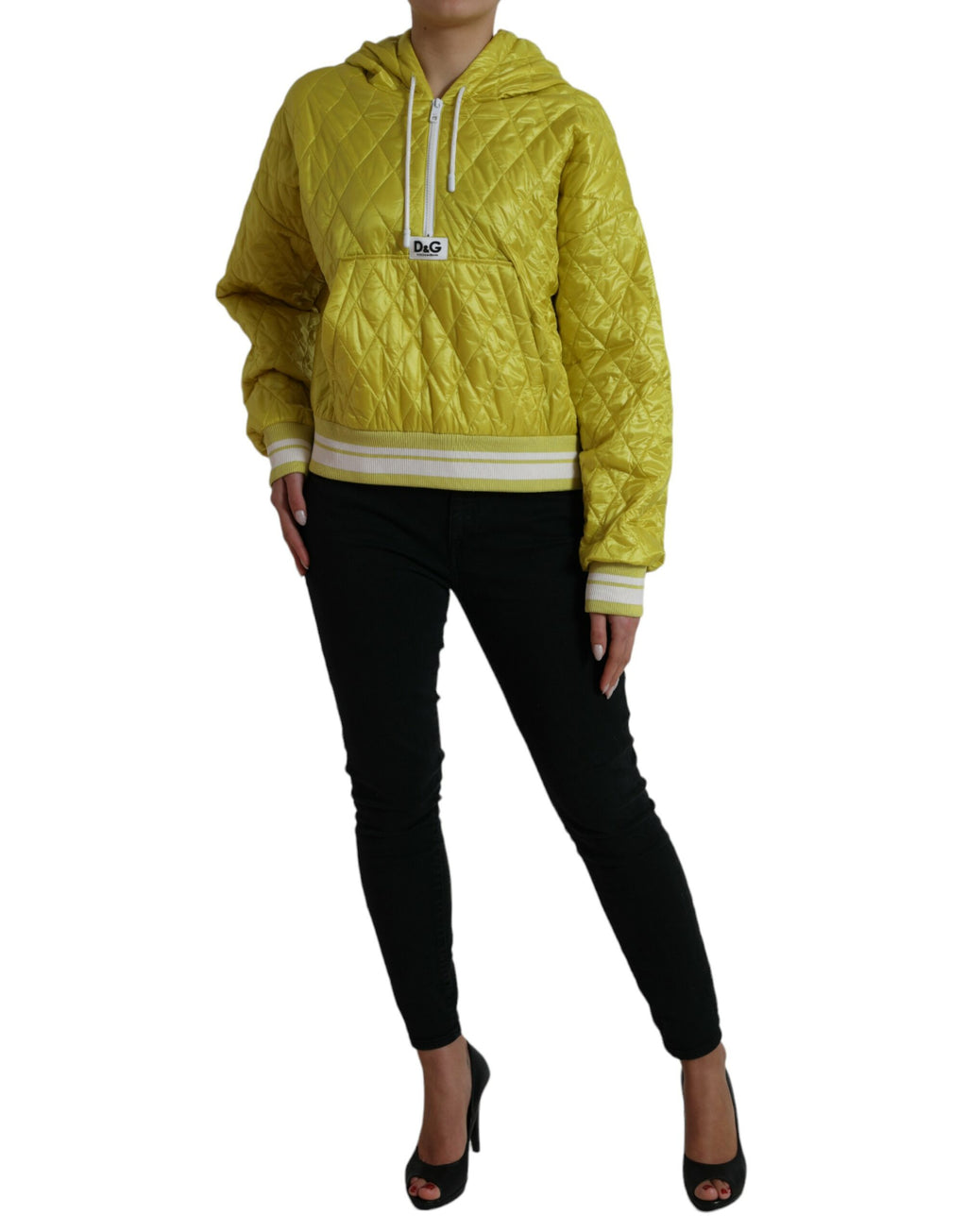 Dolce & Gabbana Yellow Nylon Quilted Jacket with Hood and Pullover