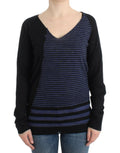 Costume National Schwarzer gestreifter Pullover mit V-Ausschnitt