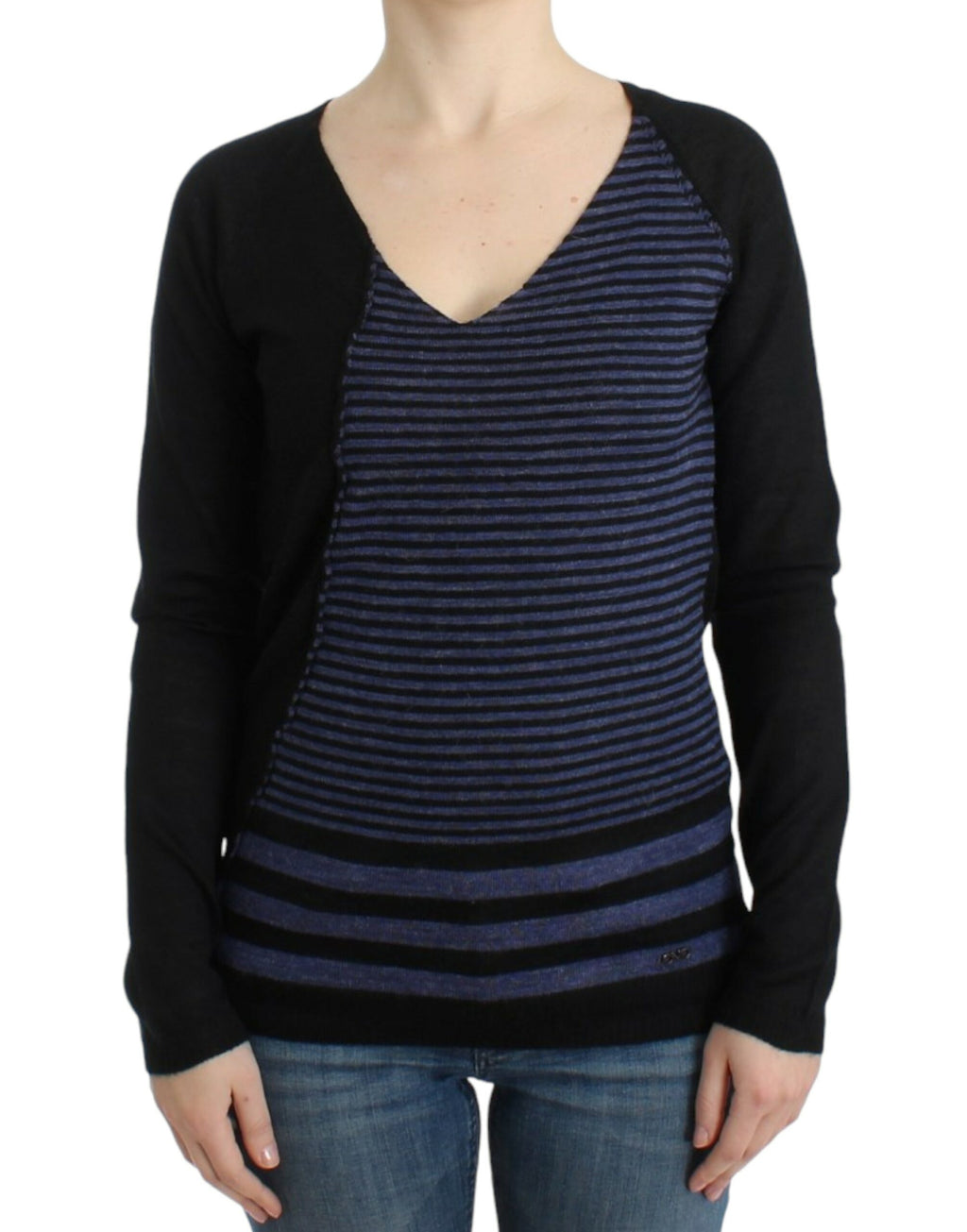 Costume National Schwarzer gestreifter Pullover mit V-Ausschnitt
