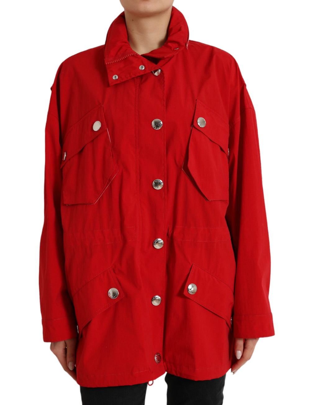 Dolce & Gabbana Red Polyester Raincoat with Hood and Button Placket