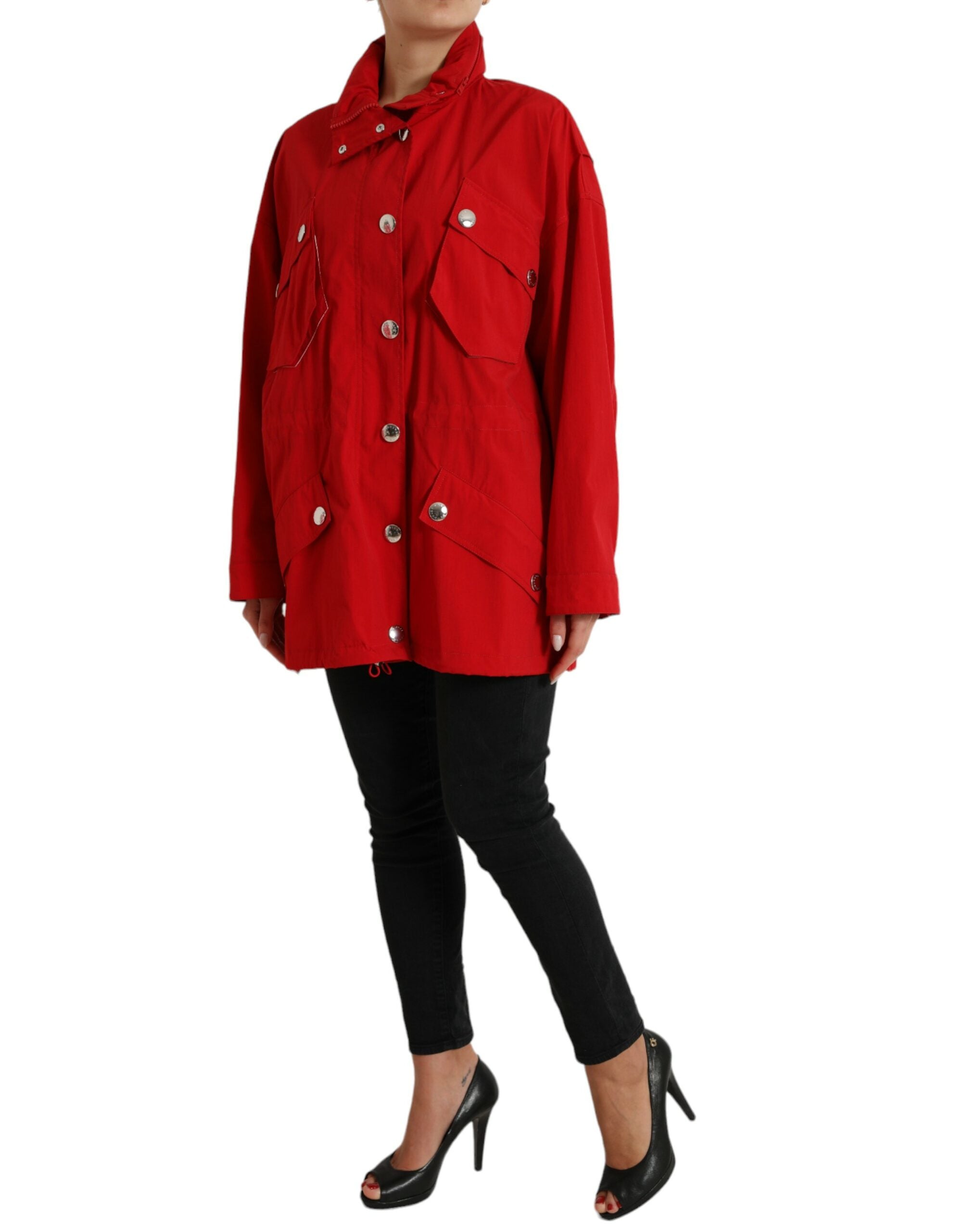 Dolce & Gabbana Red Polyester Raincoat with Hood and Button Placket