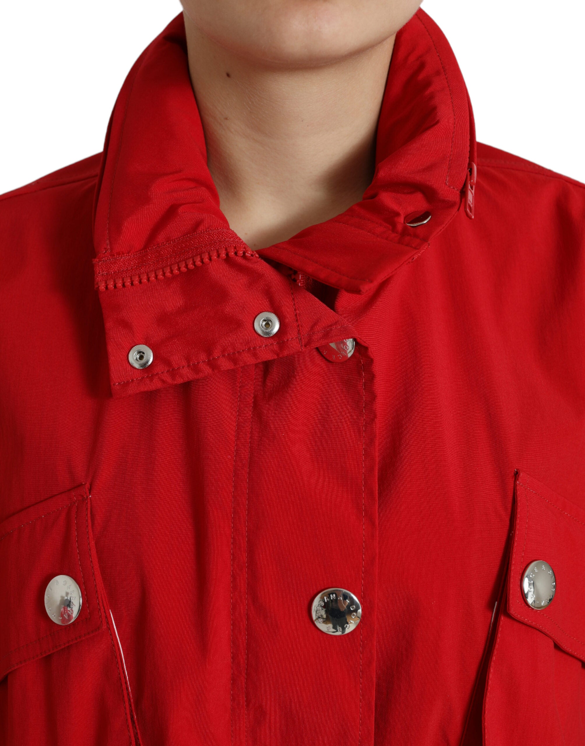 Dolce & Gabbana Red Polyester Raincoat with Hood and Button Placket