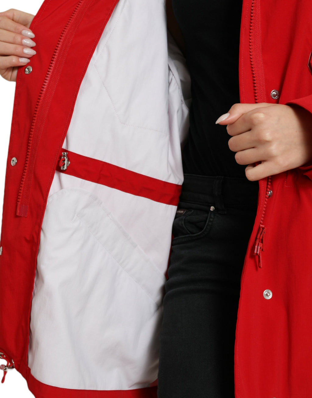 Dolce & Gabbana Red Polyester Raincoat with Hood and Button Placket
