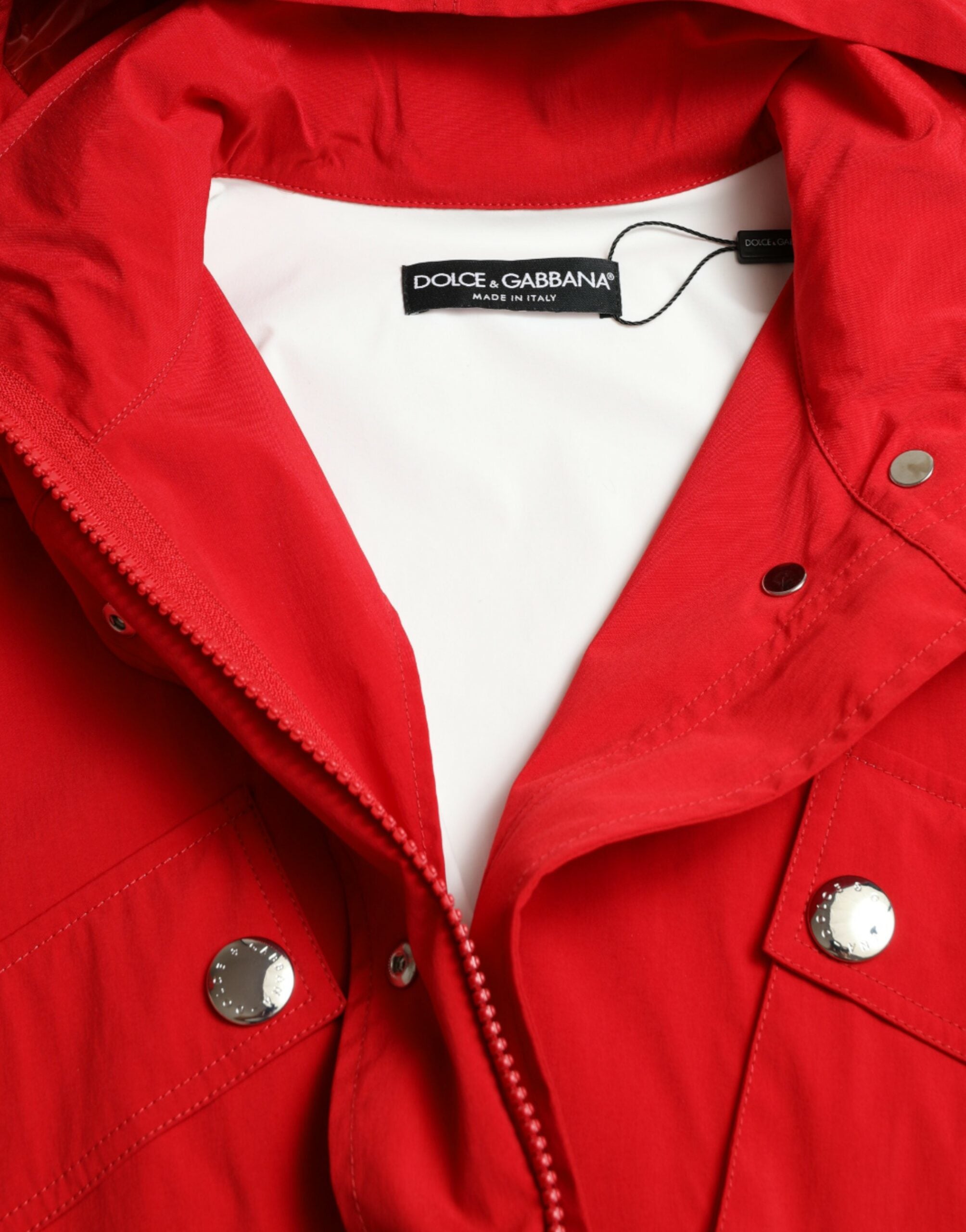 Dolce & Gabbana Red Polyester Raincoat with Hood and Button Placket