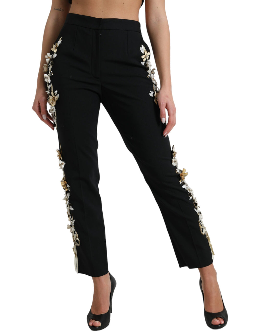 Dolce & Gabbana Black Floral Appliqué High-Waisted Tapered Trousers