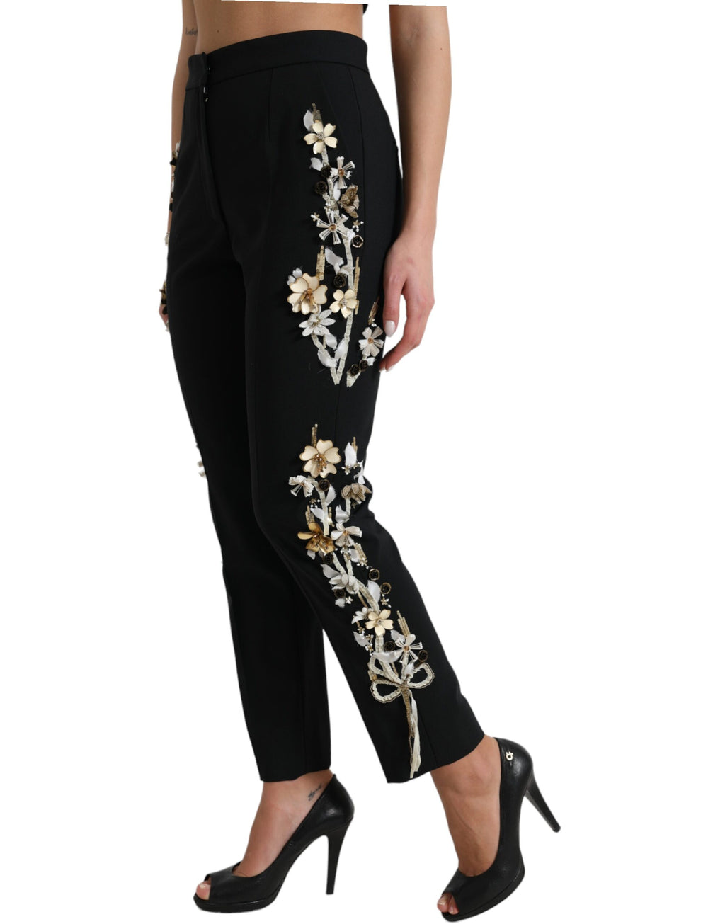 Dolce & Gabbana Black Floral Appliqué High-Waisted Tapered Trousers