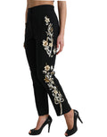 Dolce & Gabbana Black Floral Appliqué High-Waisted Tapered Trousers