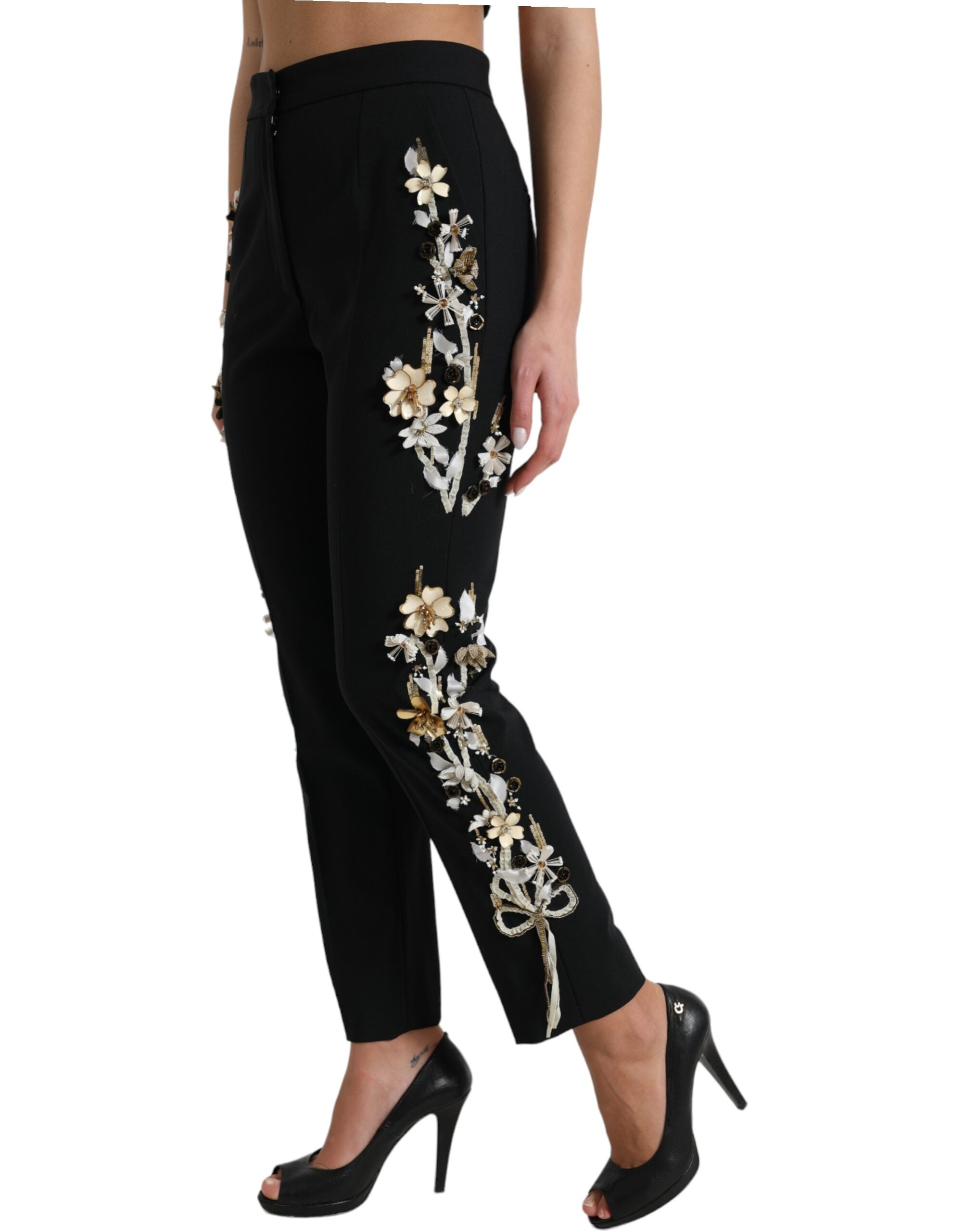 Dolce & Gabbana Black Floral Appliqué High-Waisted Tapered Trousers