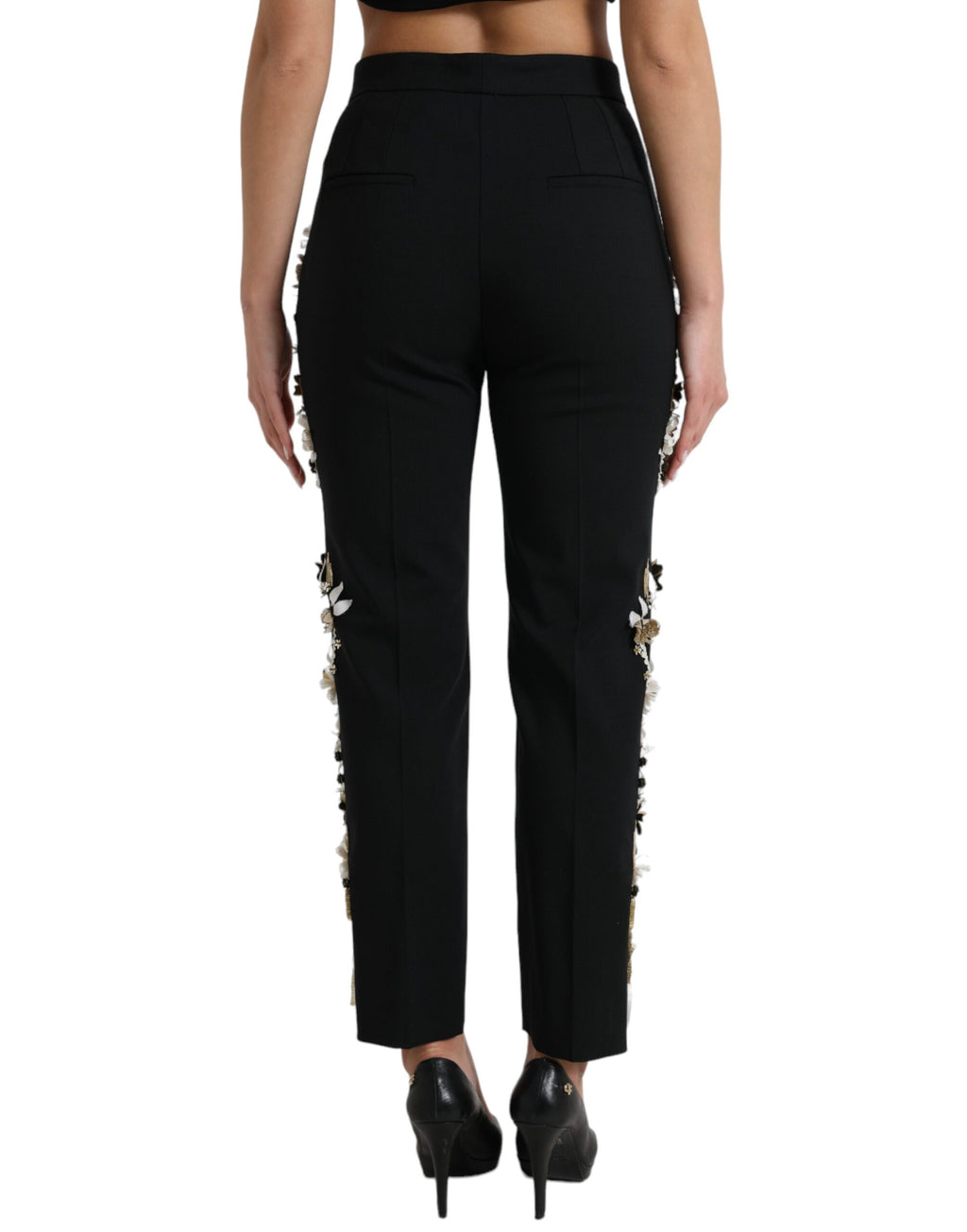Dolce & Gabbana Black Floral Appliqué High-Waisted Tapered Trousers