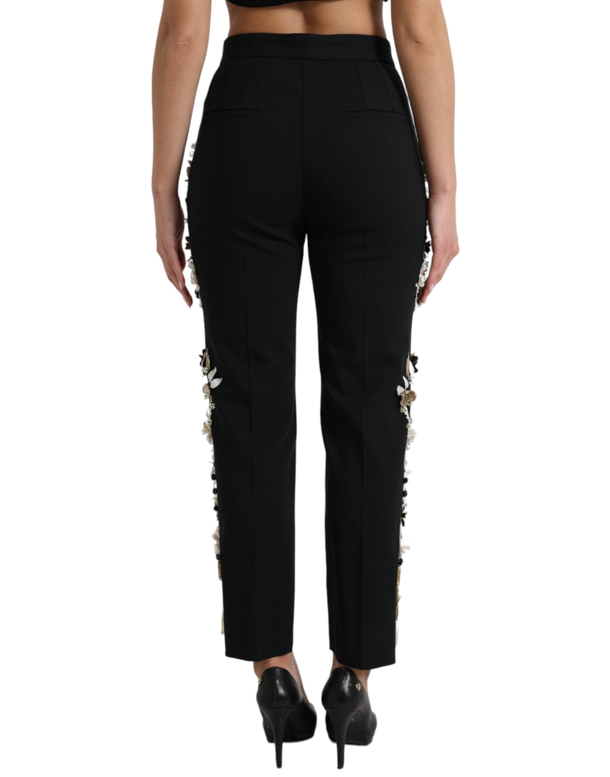 Dolce & Gabbana Black Floral Appliqué High-Waisted Tapered Trousers