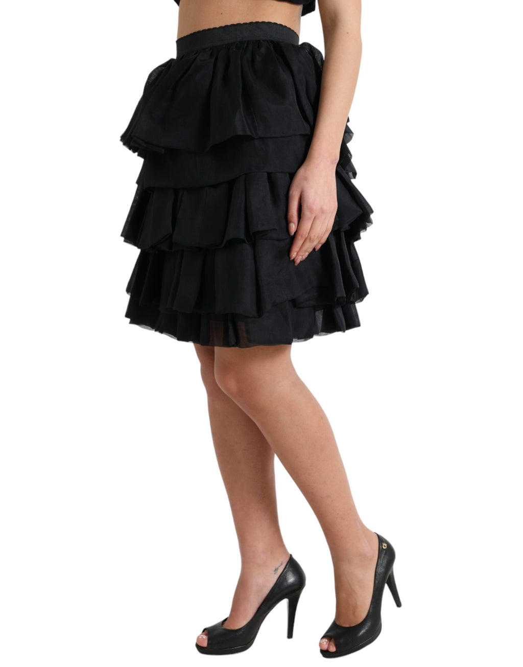 Dolce & Gabbana Schwarzer gestufter Aline Seidenminirock mit hoher Taille