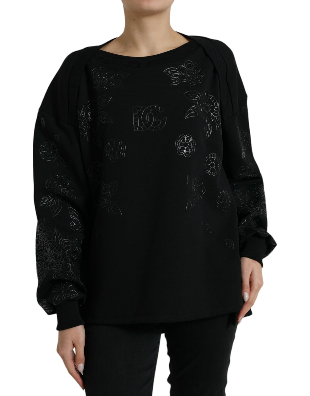 Dolce & Gabbana Black Pullover with Floral Logo Appliqués