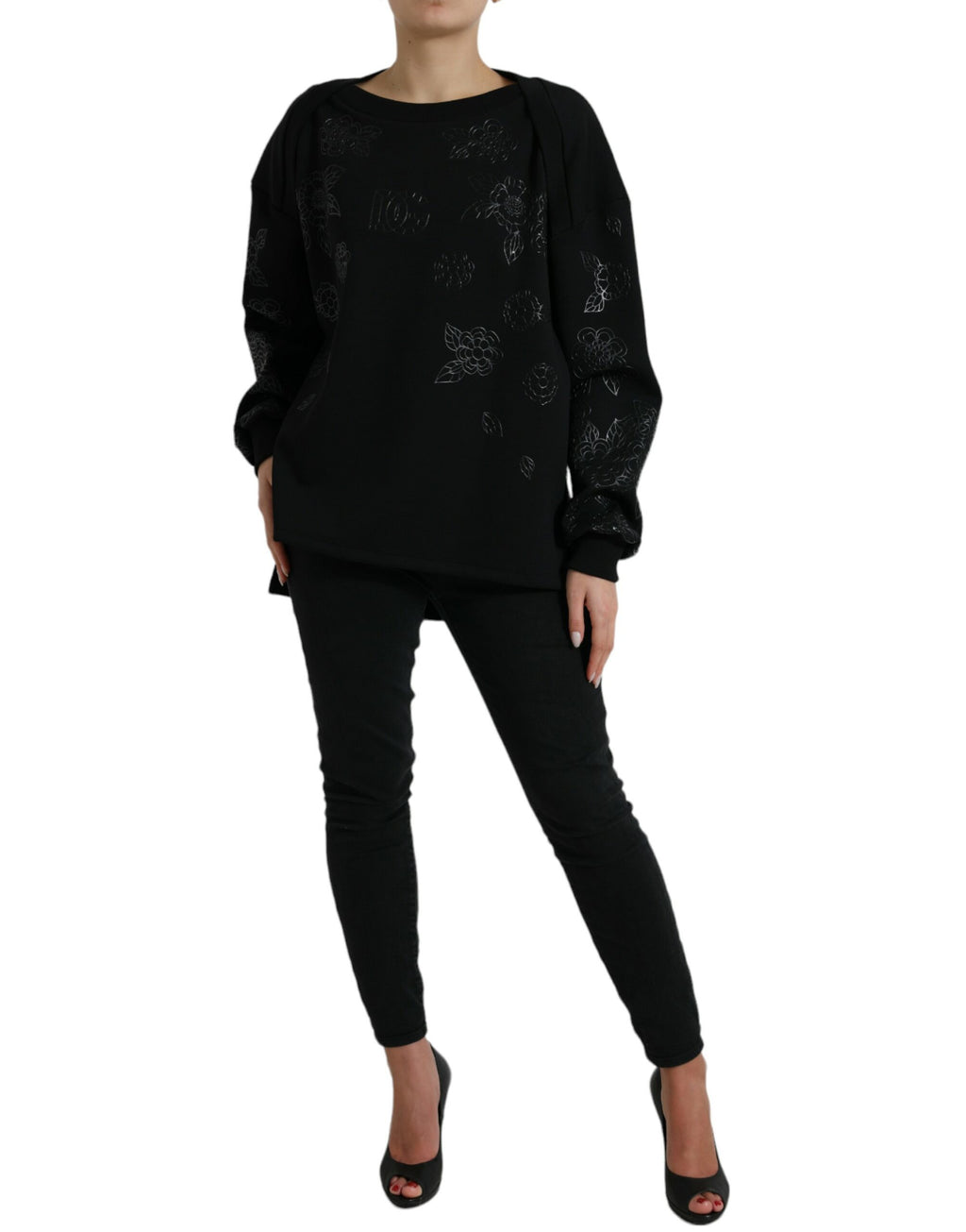 Dolce & Gabbana Black Pullover with Floral Logo Appliqués
