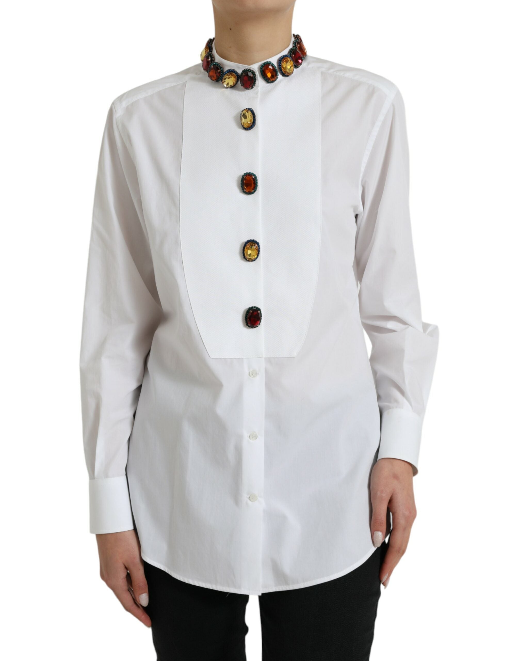 Dolce & Gabbana White Crystal-Embellished Cotton Shirt Top