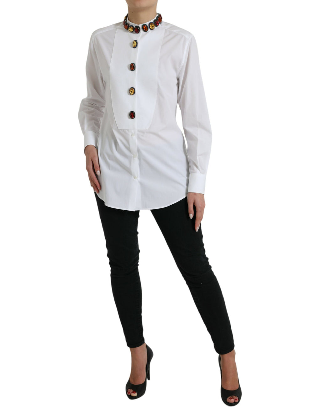 Dolce & Gabbana White Crystal-Embellished Cotton Shirt Top