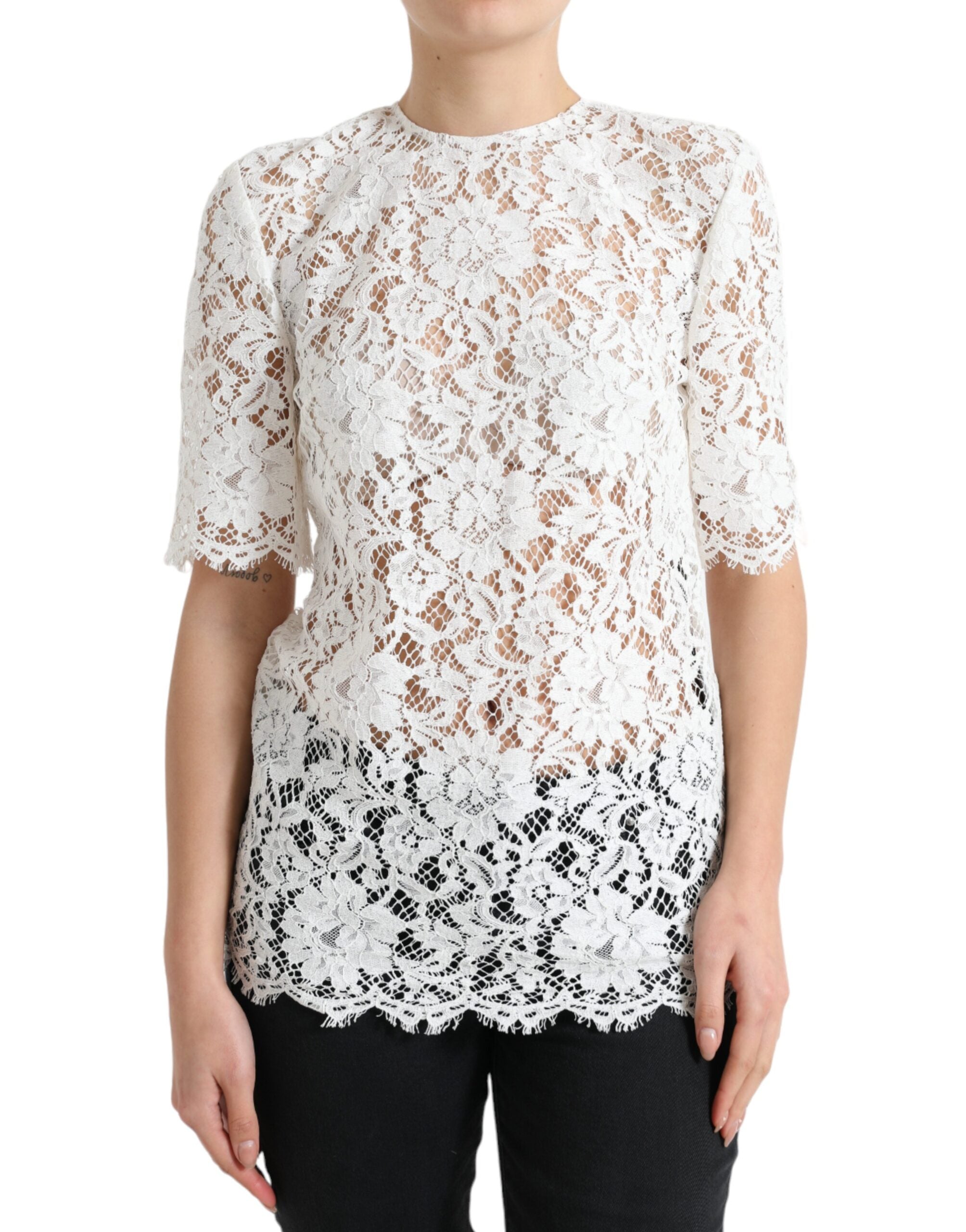 Dolce & Gabbana Weißes Blusentop aus Baumwolle mit Blumenmuster und Rundhalsausschnitt