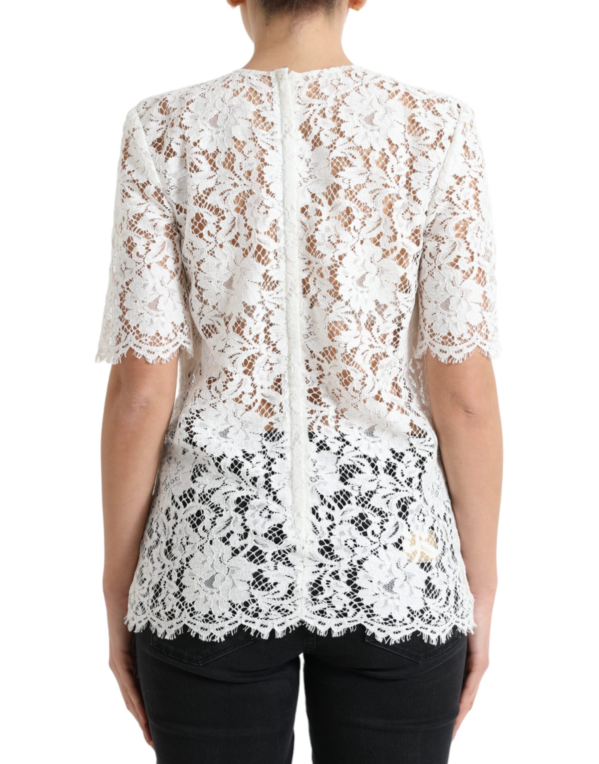 Dolce & Gabbana Weißes Blusentop aus Baumwolle mit Blumenmuster und Rundhalsausschnitt