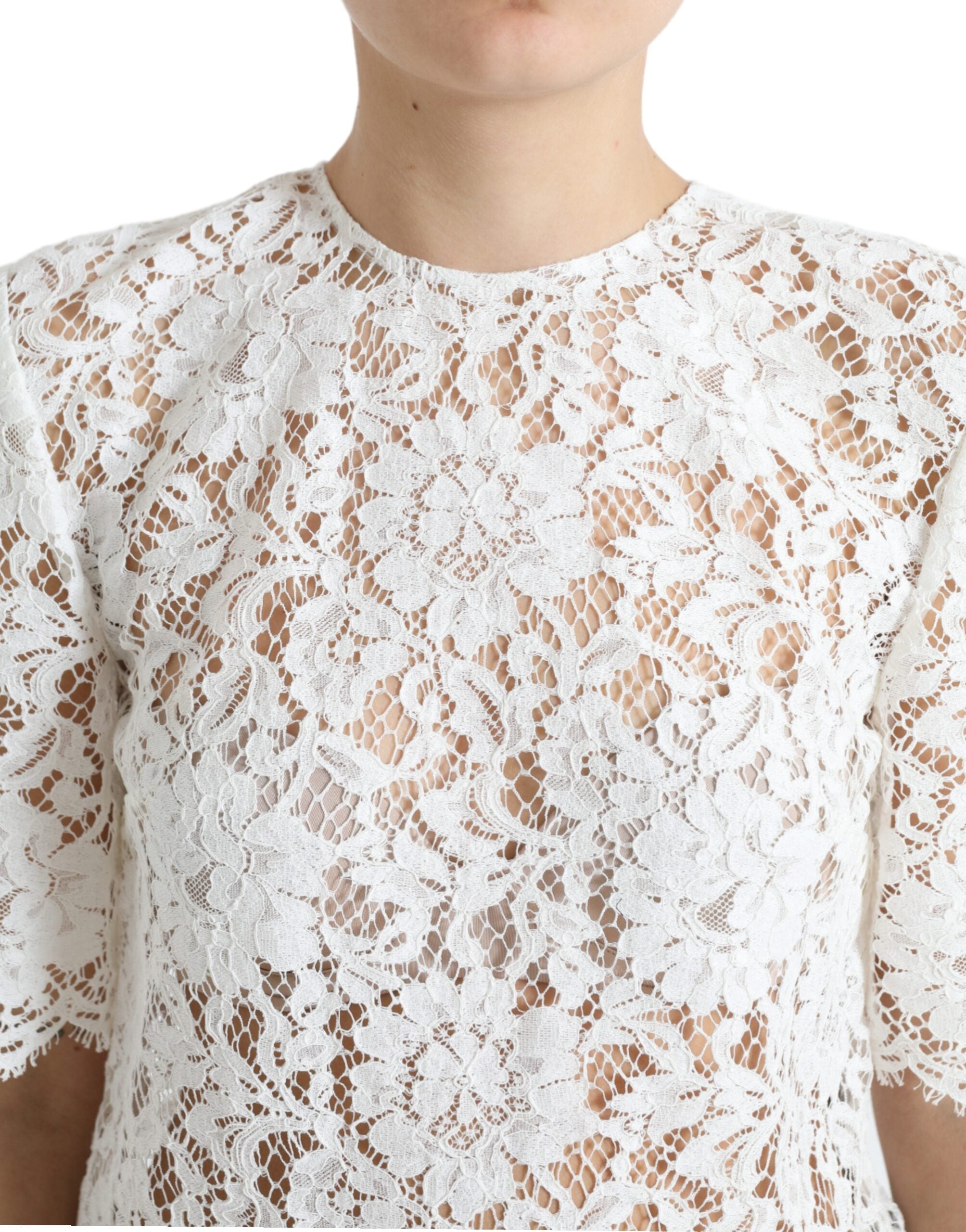 Dolce & Gabbana Weißes Blusentop aus Baumwolle mit Blumenmuster und Rundhalsausschnitt