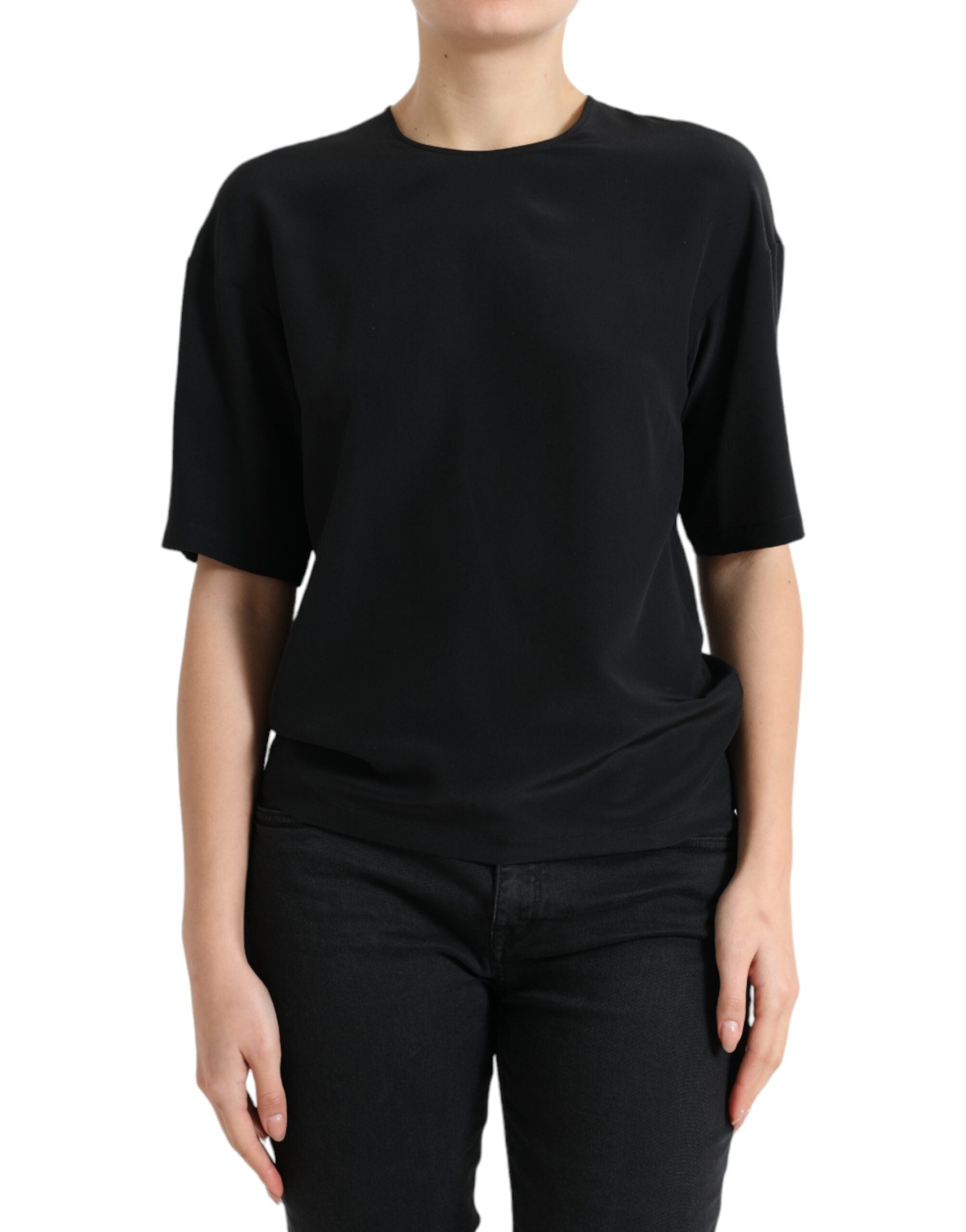 Dolce & Gabbana Black Silk Crewneck Short Sleeve Blouse Top