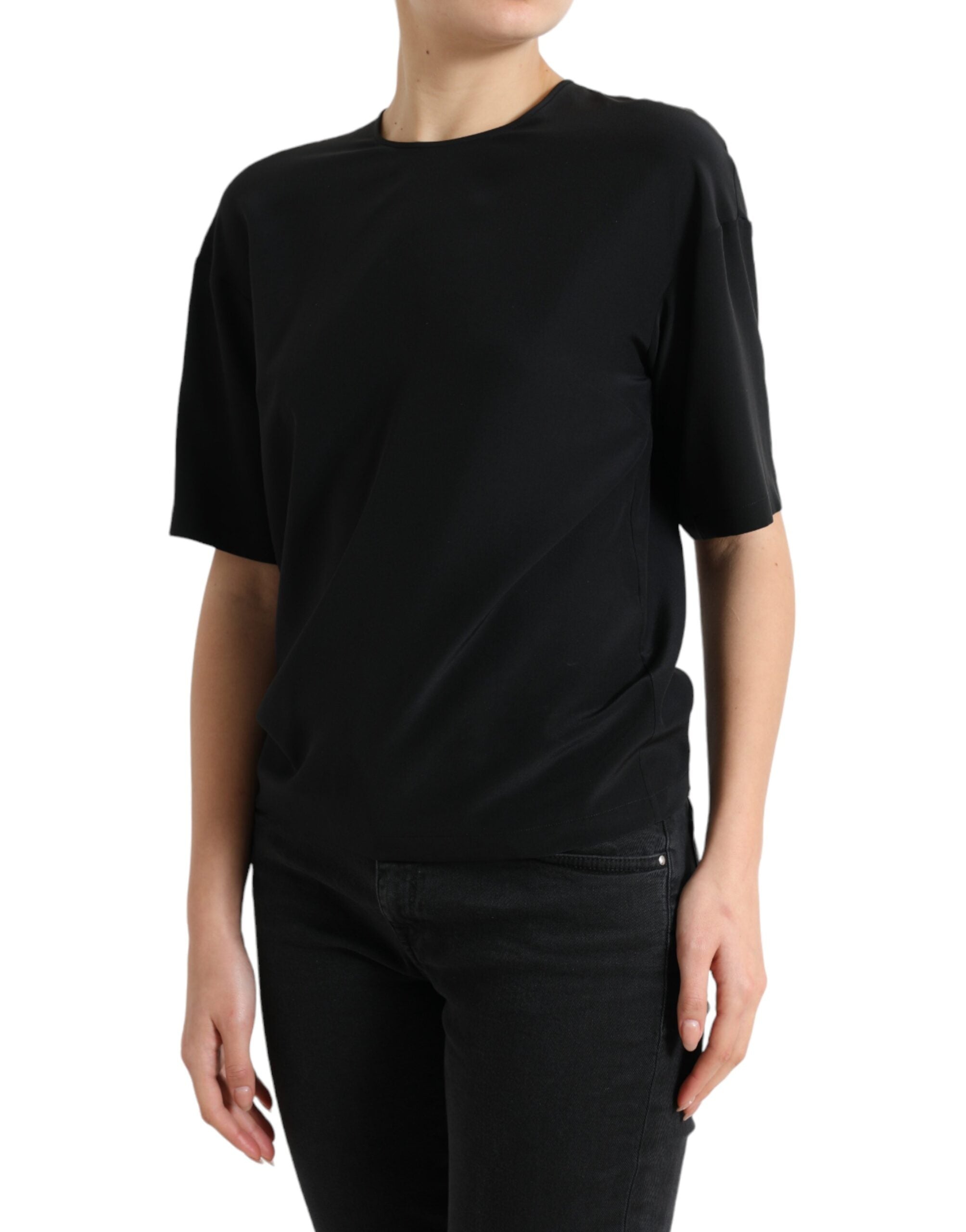 Dolce & Gabbana Black Silk Crewneck Short Sleeve Blouse Top