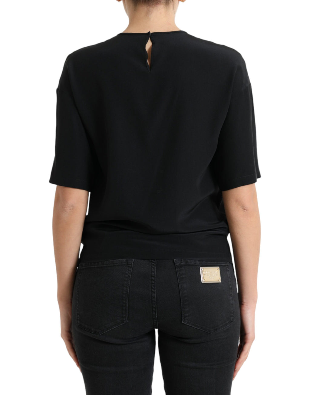 Dolce & Gabbana Black Silk Crewneck Short Sleeve Blouse Top