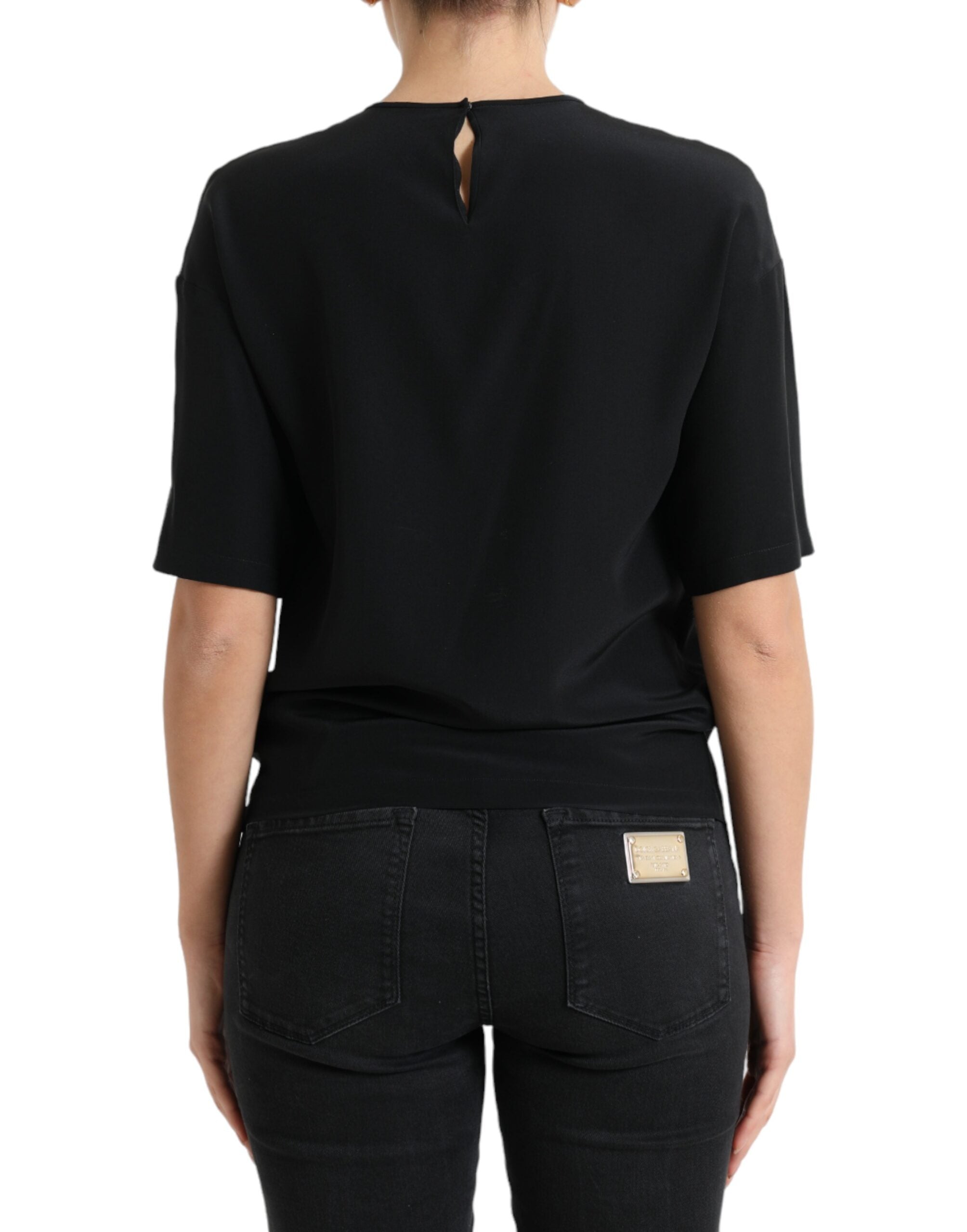 Dolce & Gabbana Black Silk Crewneck Short Sleeve Blouse Top
