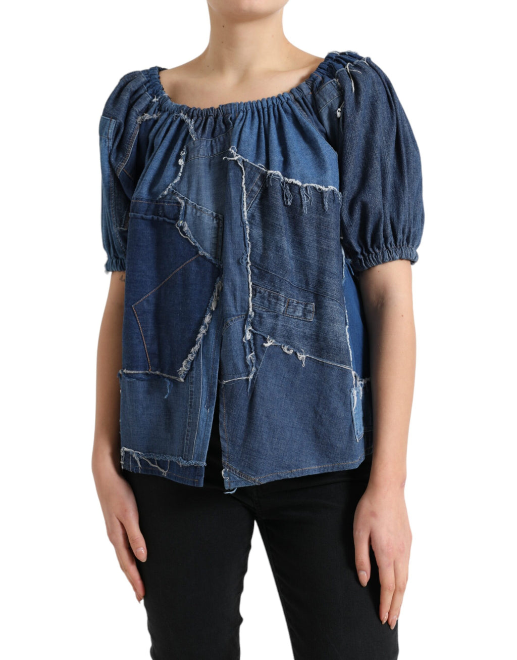Dolce & Gabbana Blaues Patchwork Denim-Blusen-Top mit kurzen Ärmeln
