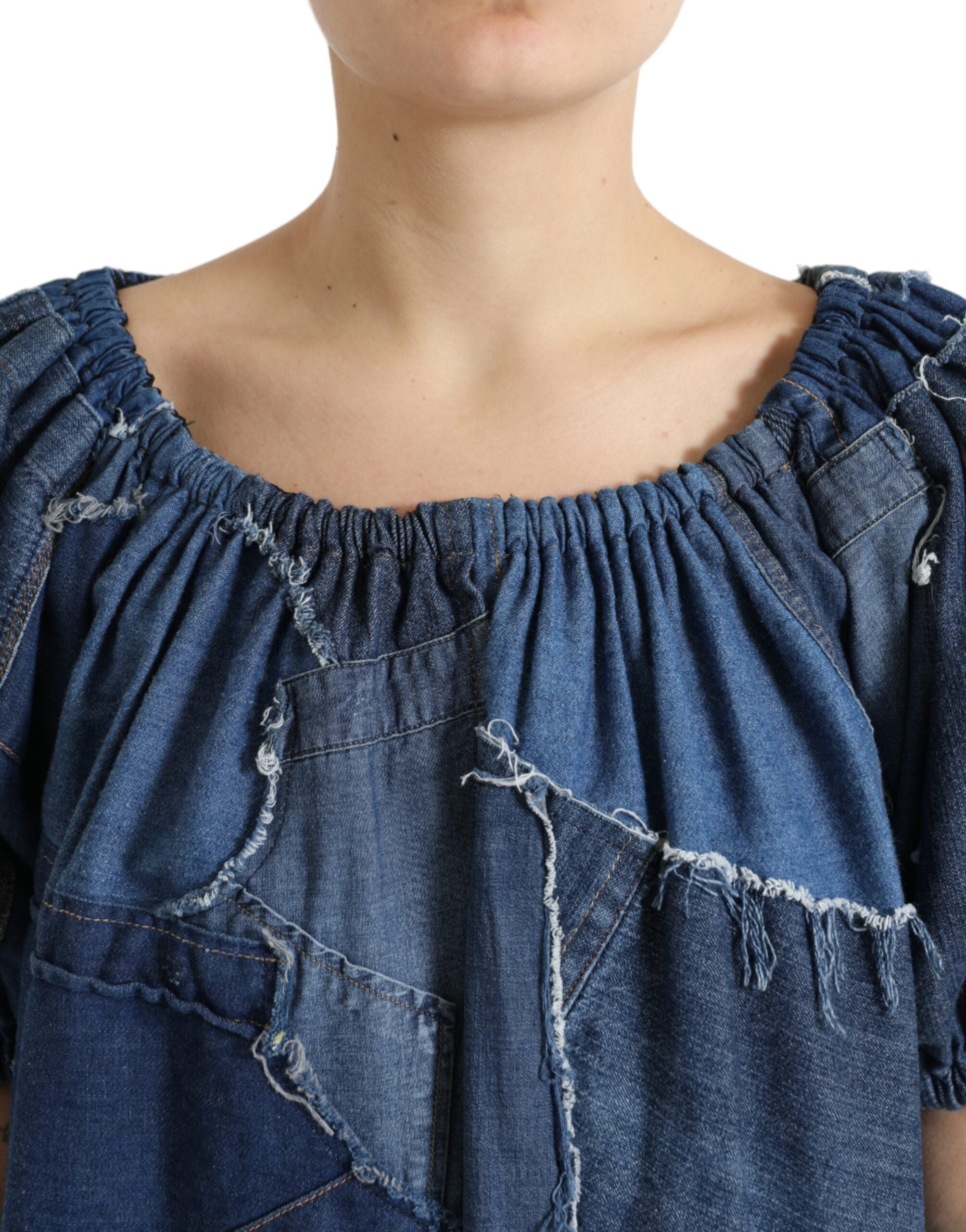Dolce & Gabbana Blaues Patchwork Denim-Blusen-Top mit kurzen Ärmeln