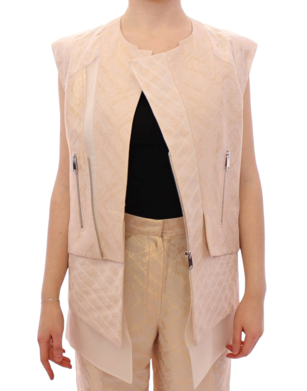 Zeyneptosun Sleeveless Jacket in Beige Brocade