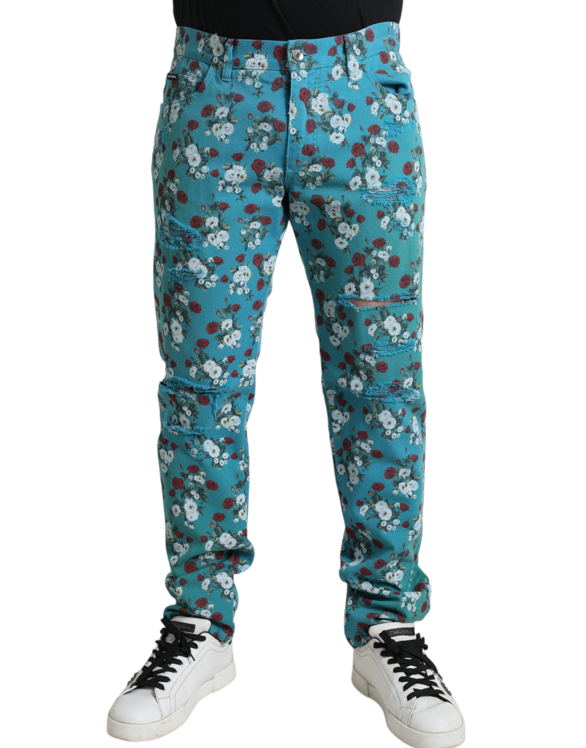Dolce & Gabbana Blue Cotton Skinny Floral Print Jeans