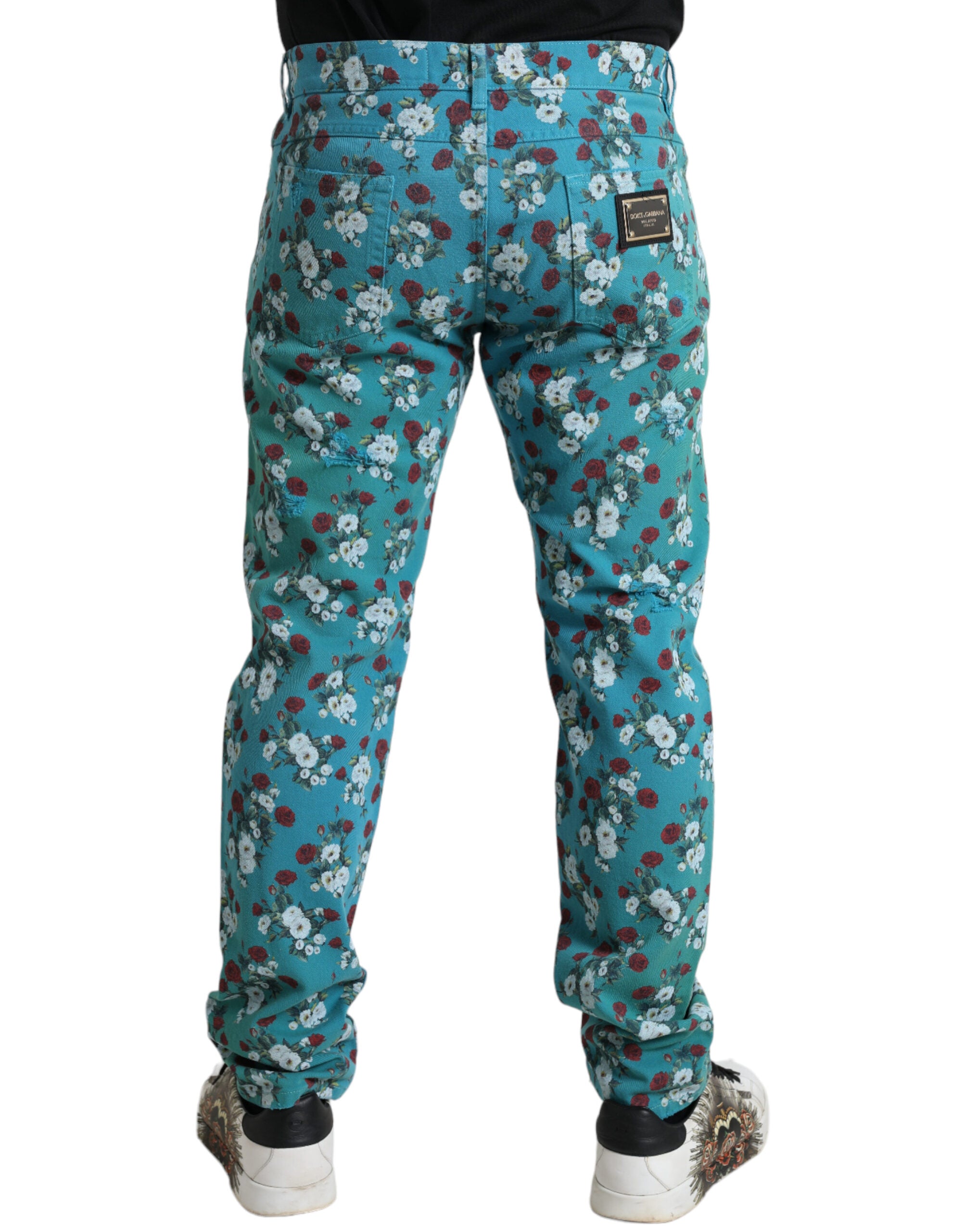 Dolce & Gabbana Blue Cotton Skinny Floral Print Jeans