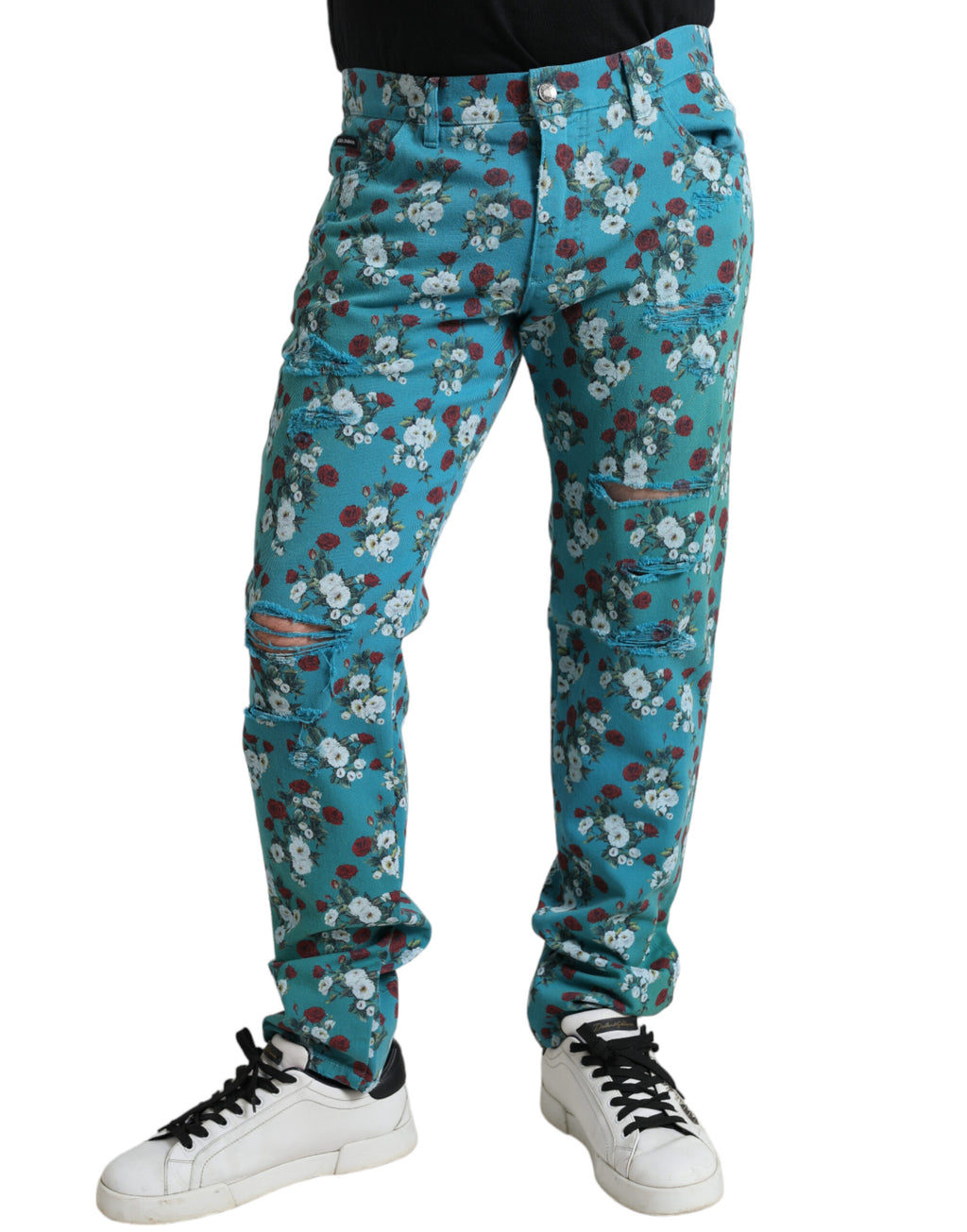 Dolce & Gabbana Blue Cotton Skinny Floral Print Jeans