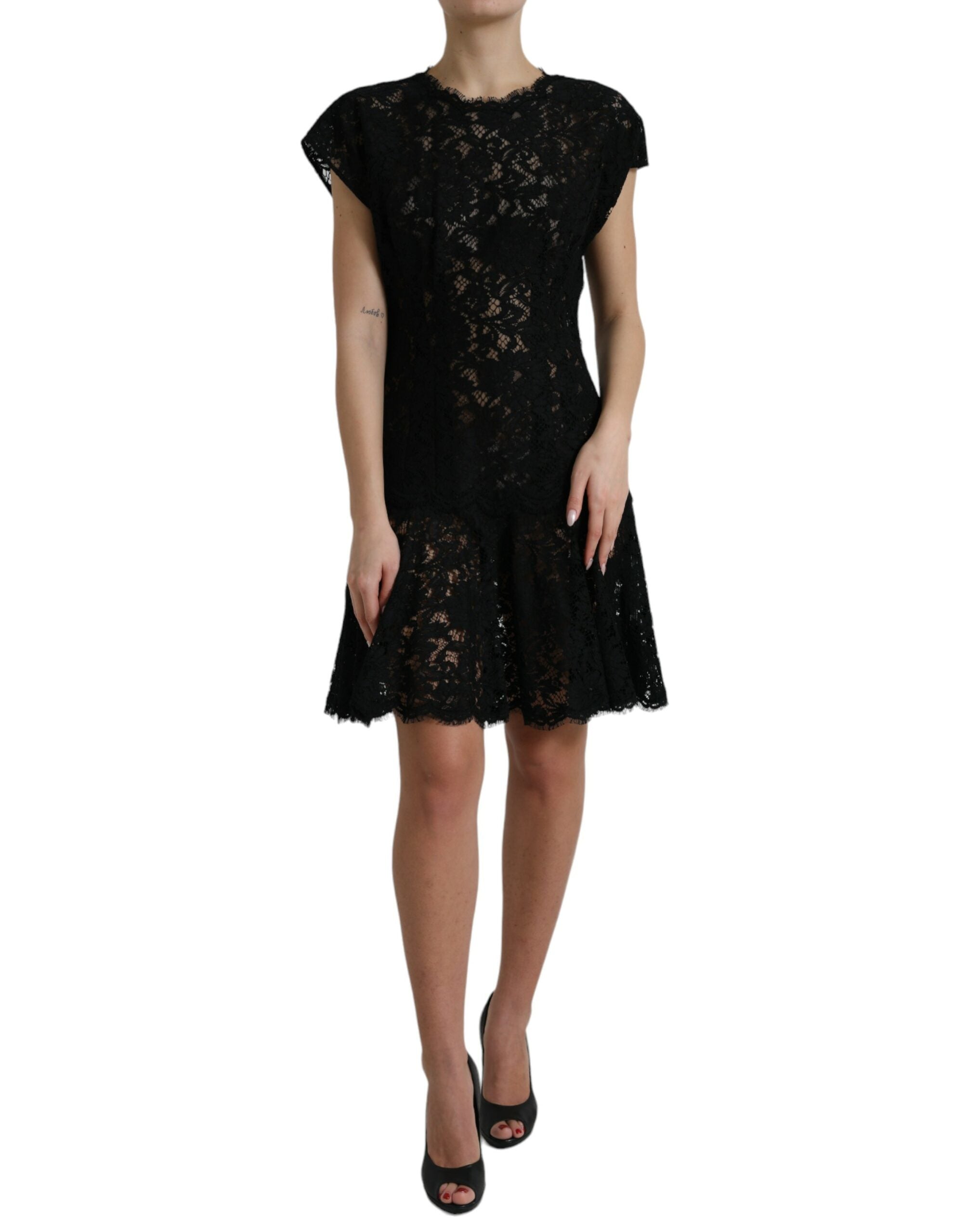 Dolce & Gabbana Schwarzes A-Linien-Minikleid aus Baumwolle mit floraler Spitze