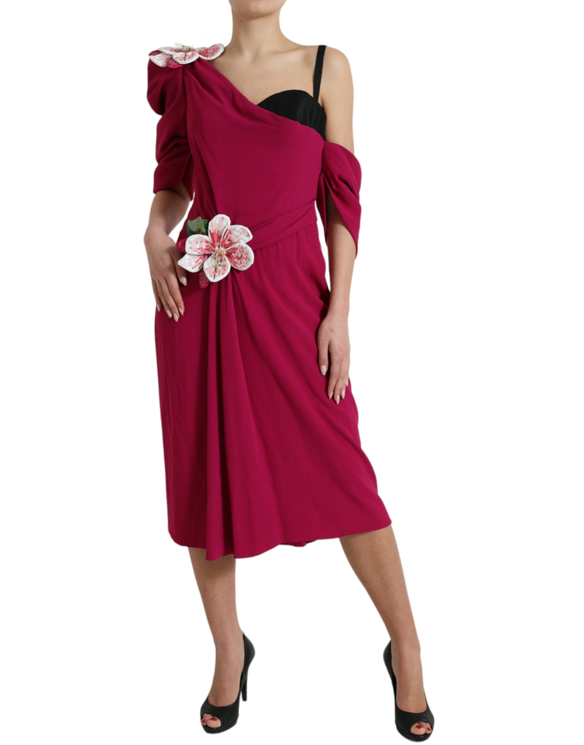Dolce & Gabbana Purple Floral-Embellished One-Shoulder Dress
