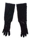 Dolce & Gabbana Schwarze Spitze Wolle Lammfell Pelz Ellenbogenhandschuhe