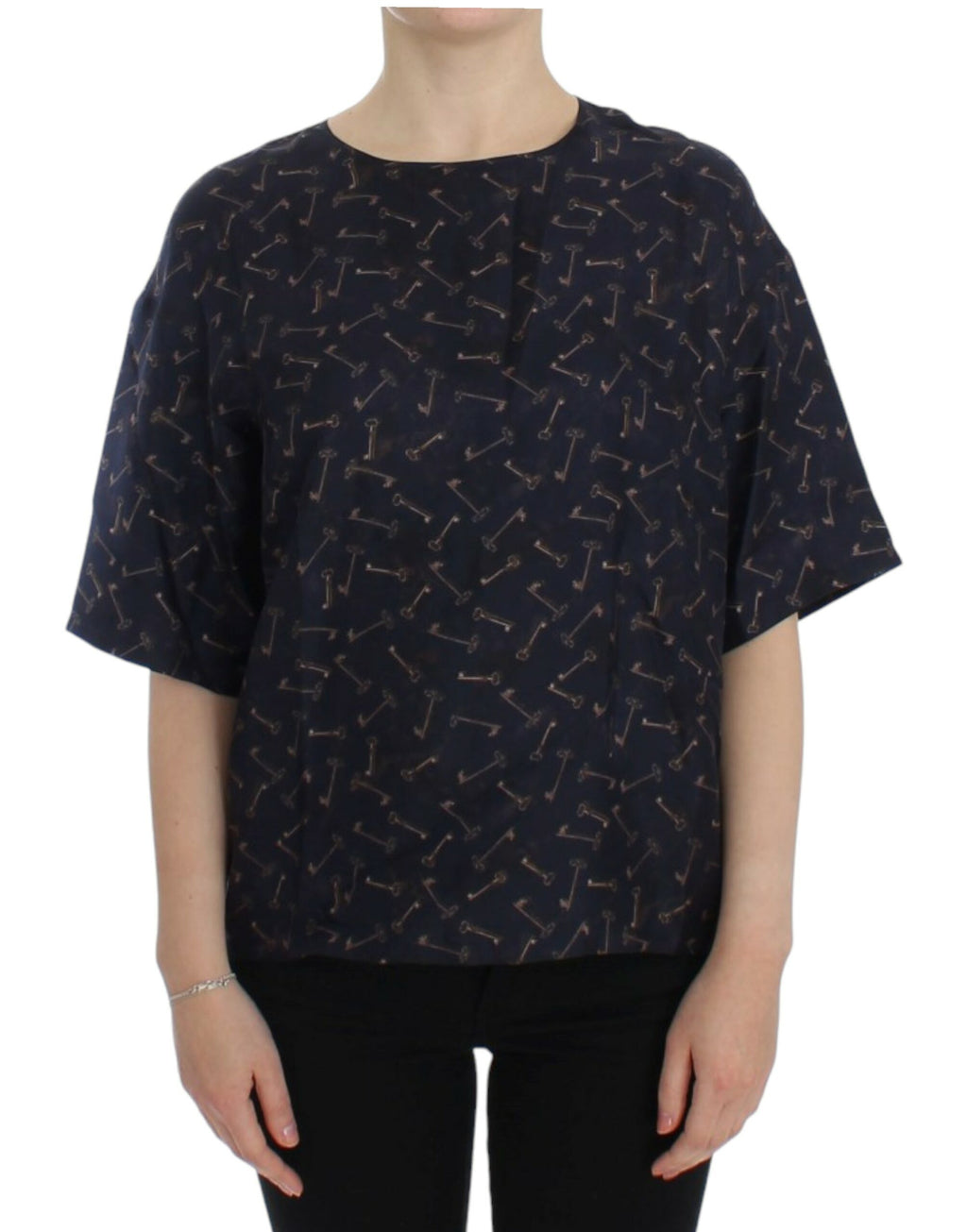 Dolce & Gabbana Blue and Gold Silk Blouse with Key Print