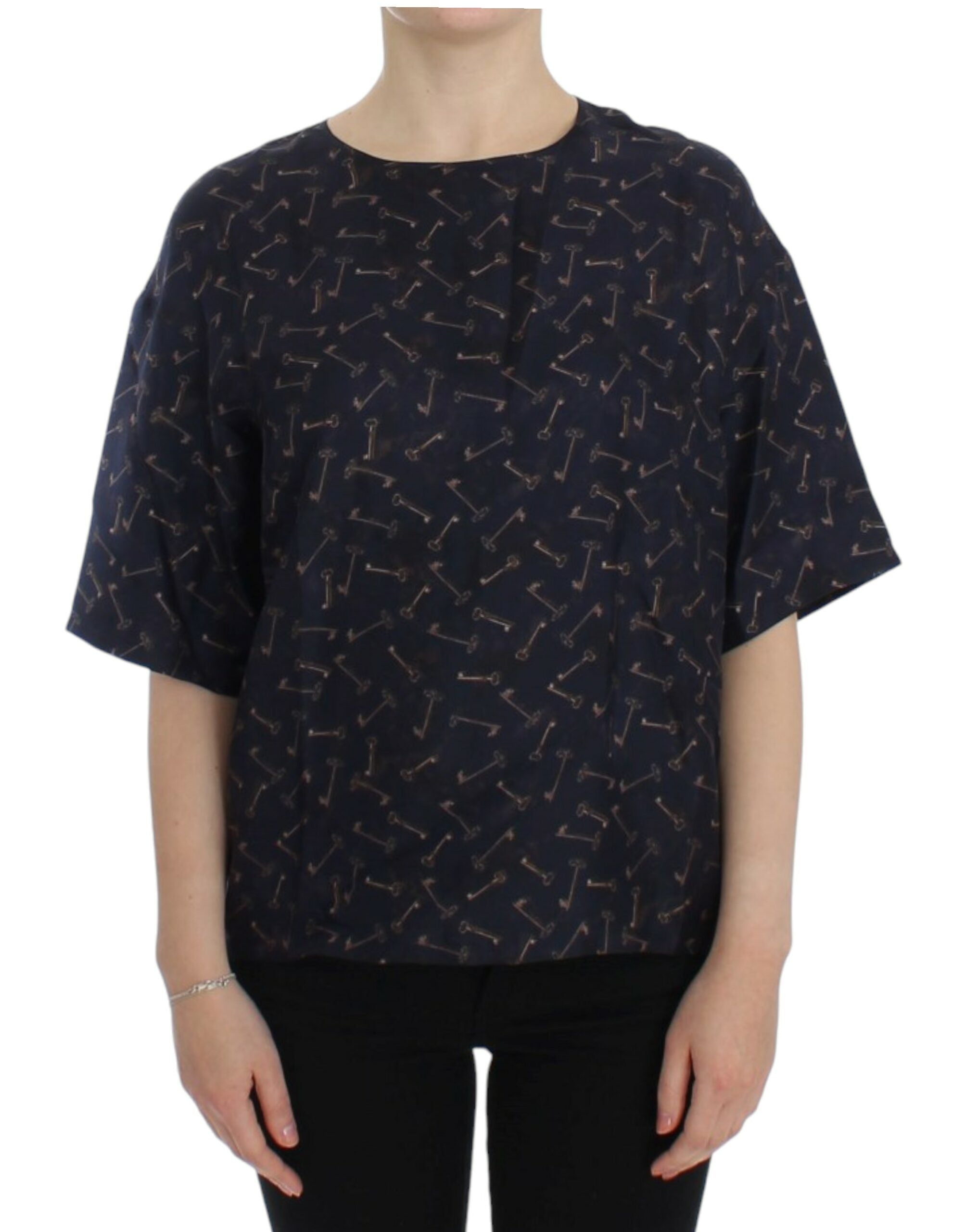 Dolce & Gabbana Blue and Gold Silk Blouse with Key Print