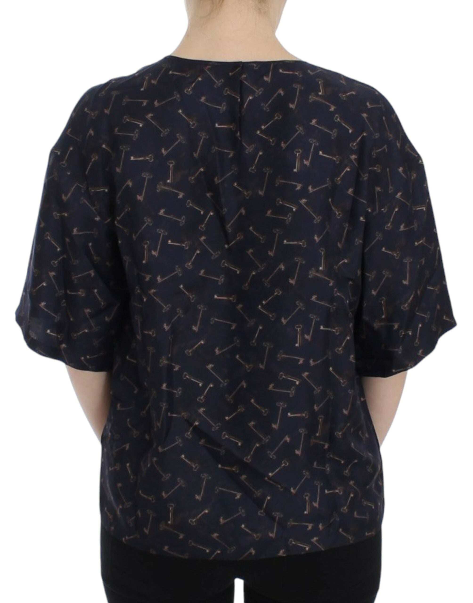 Dolce & Gabbana Blue and Gold Silk Blouse with Key Print