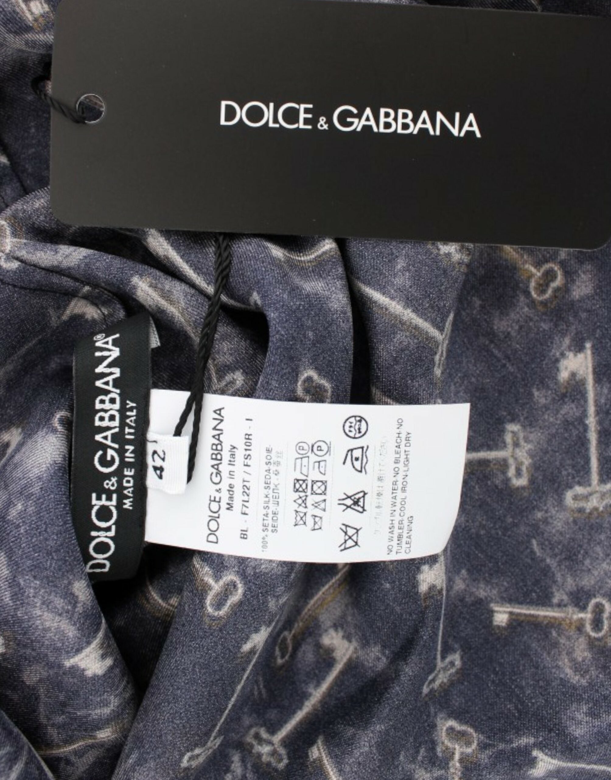 Dolce & Gabbana Blue and Gold Silk Blouse with Key Print