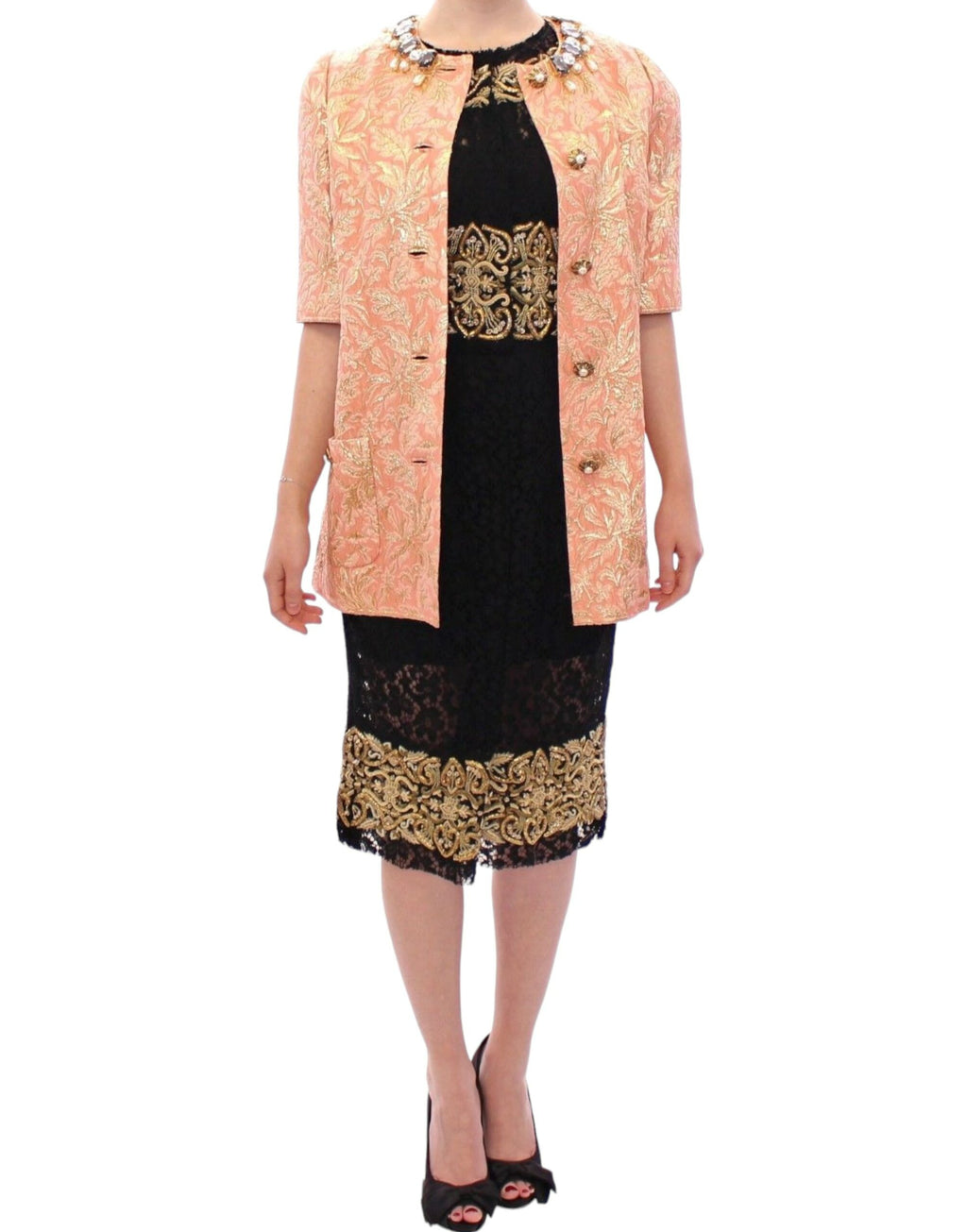 Dolce & Gabbana Rosa Seidenbrokat-Kristall-Jacke Mantel