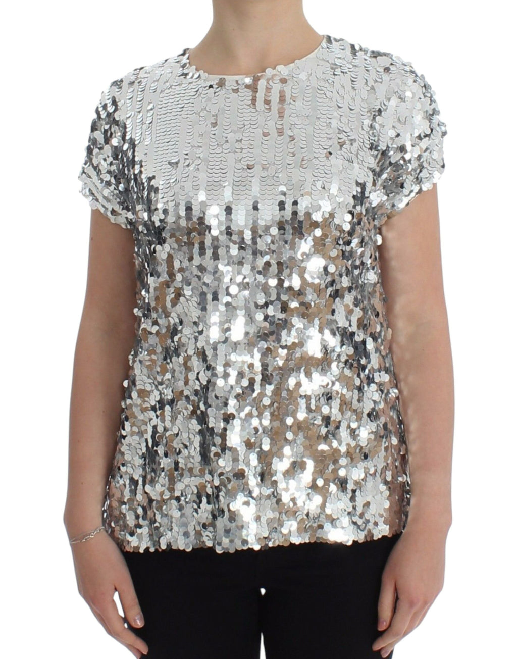 Dolce & Gabbana Silver Sequined Crew Neck T-Shirt Top