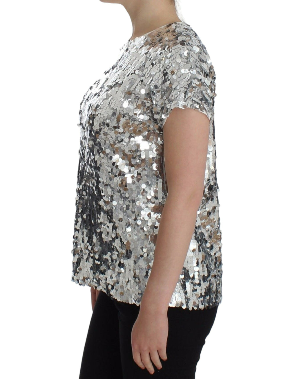 Dolce & Gabbana Silver Sequined Crew Neck T-Shirt Top
