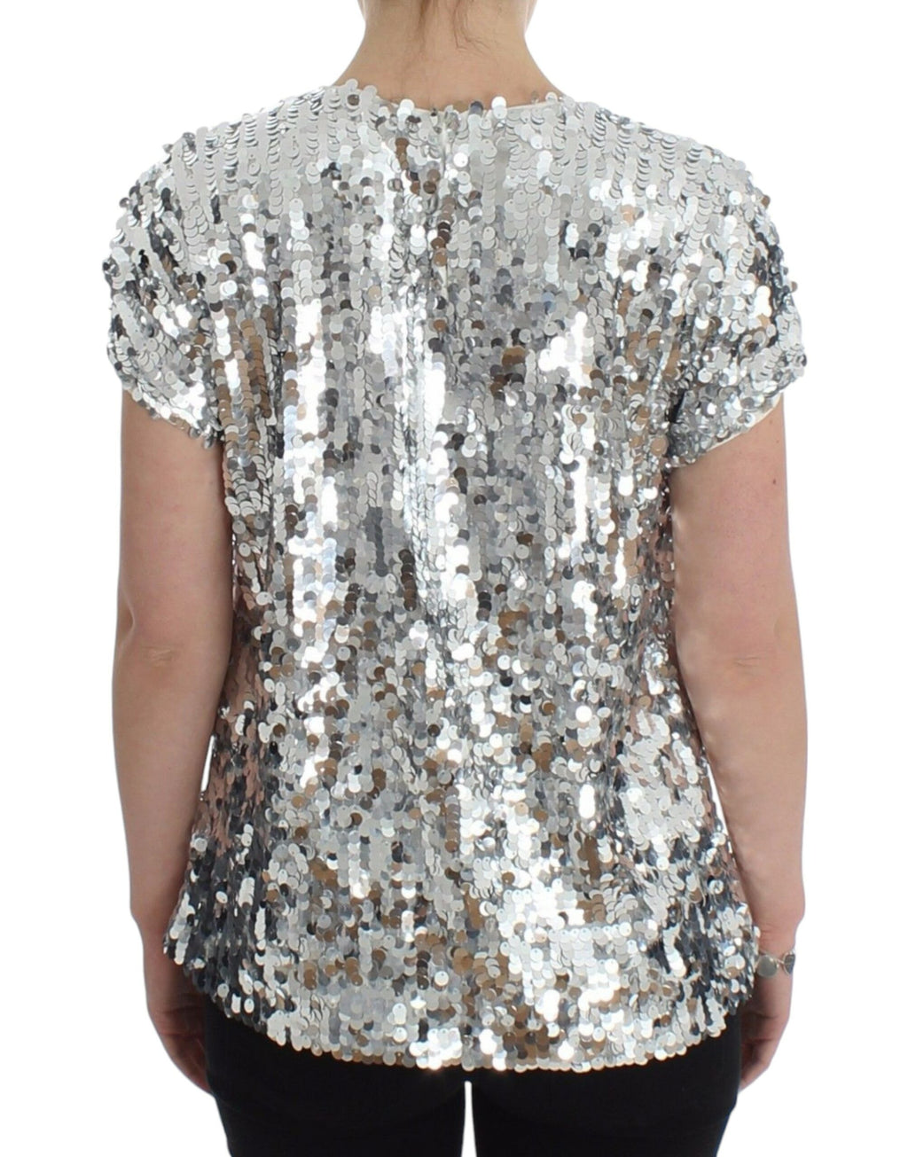 Dolce & Gabbana Silver Sequined Crew Neck T-Shirt Top