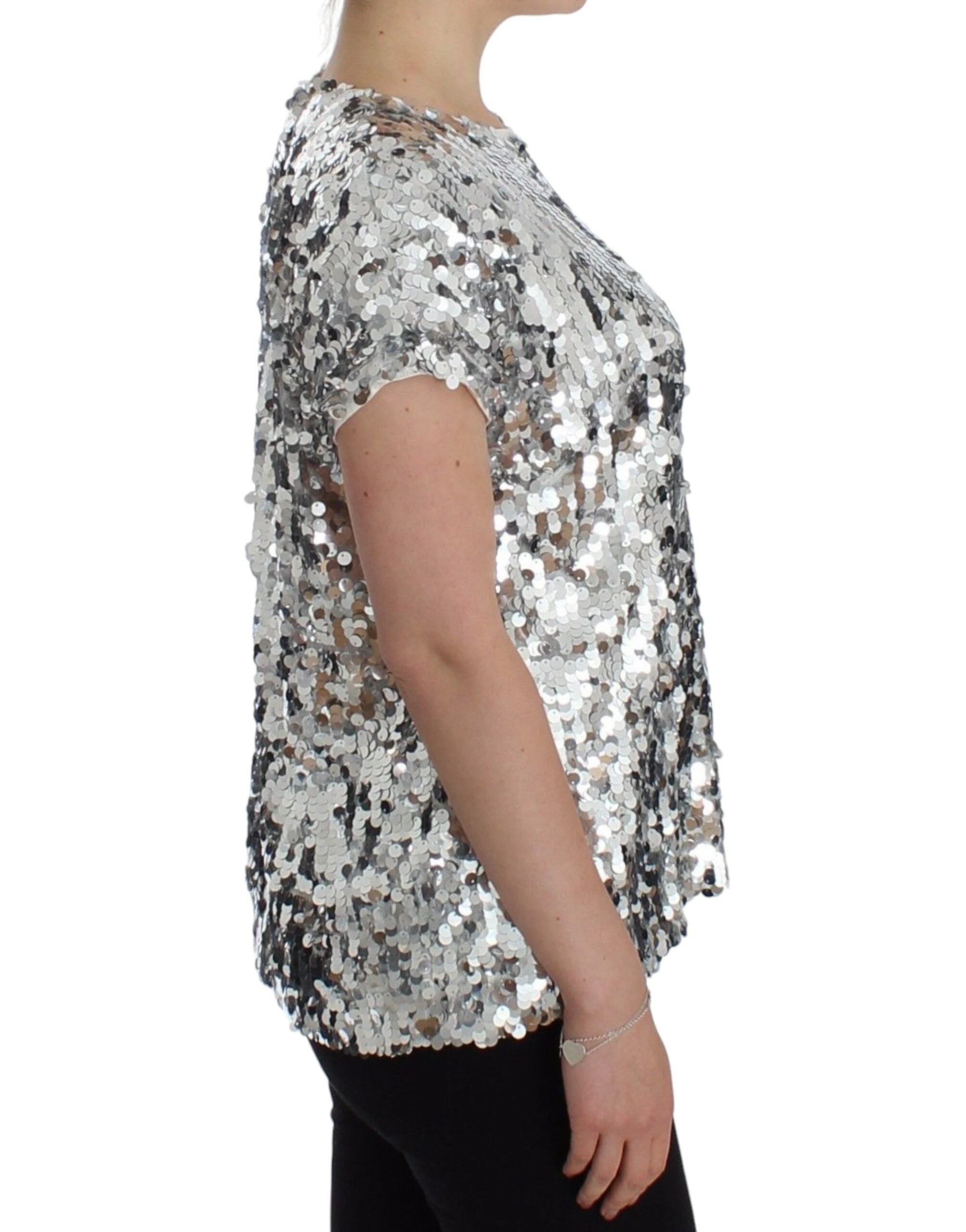 Dolce & Gabbana Silver Sequined Crew Neck T-Shirt Top