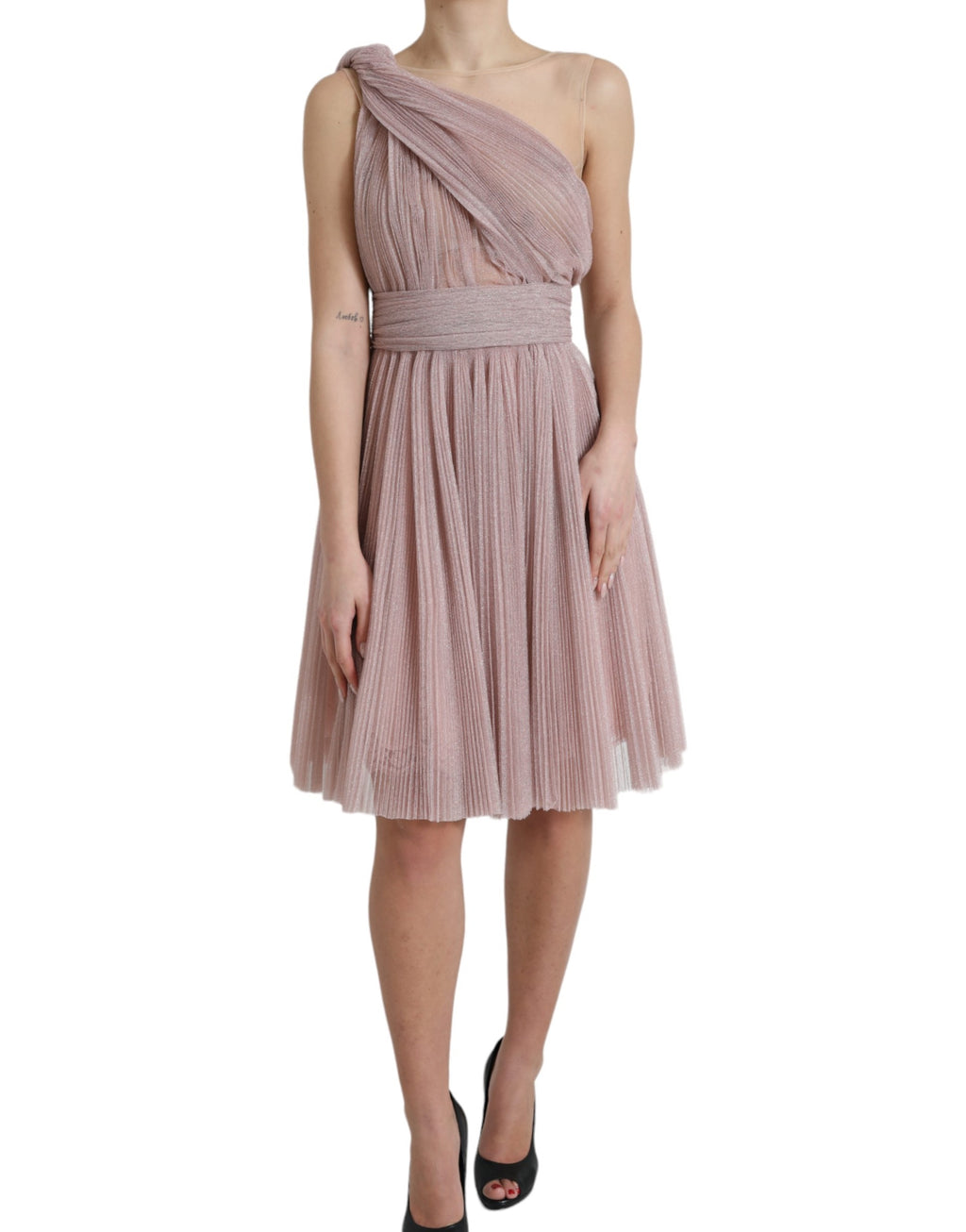 Dolce & Gabbana Pink One-Shoulder Dress in Pleated Slat Tulle