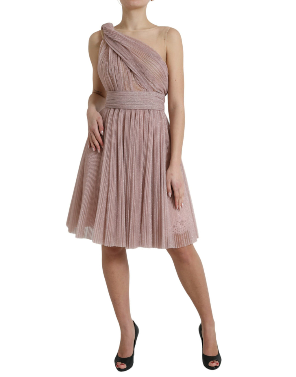 Dolce & Gabbana Pink One-Shoulder Dress in Pleated Slat Tulle