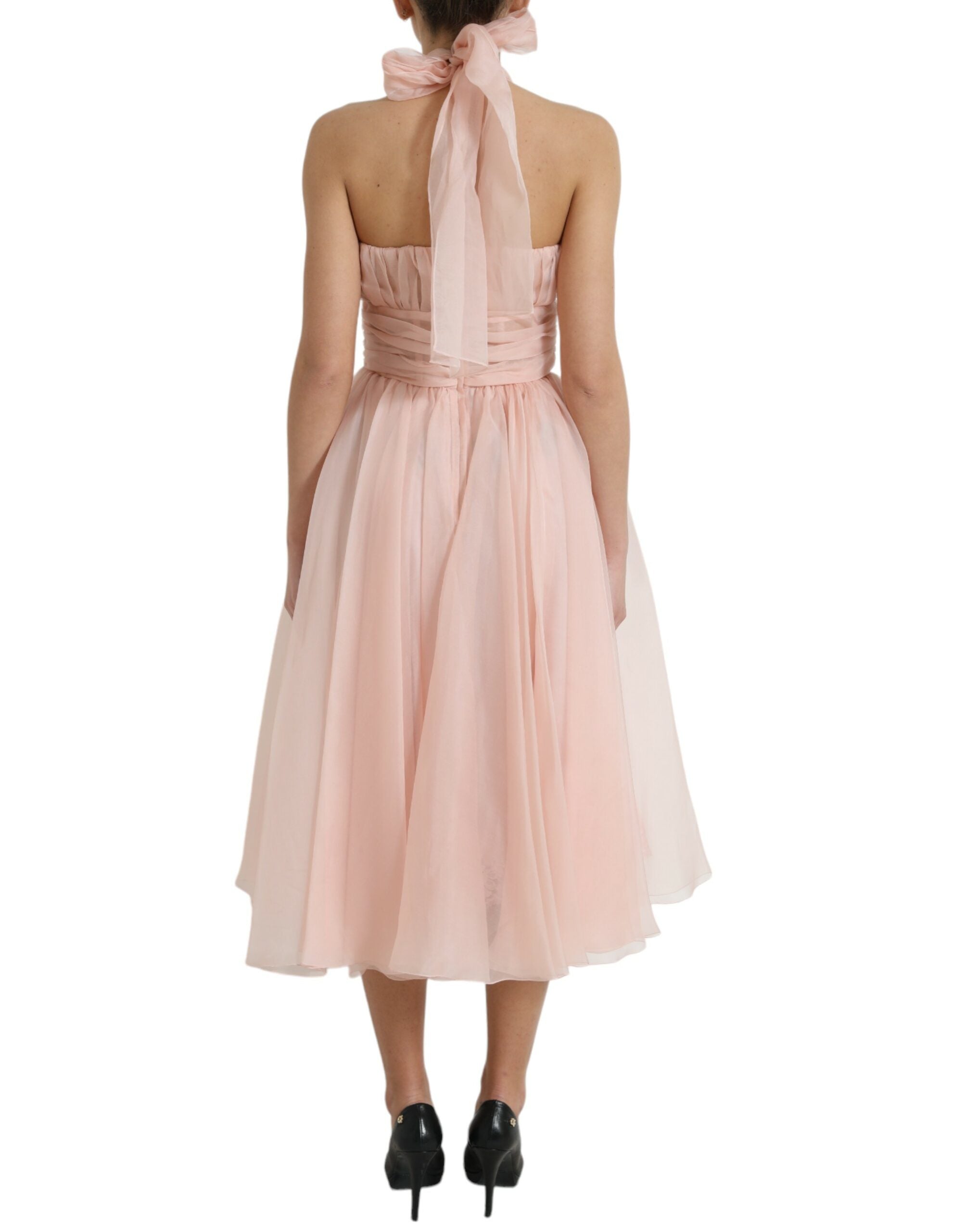 Dolce & Gabbana Pink Silk Chiffon Halter A-Line Pleated Midi Dress