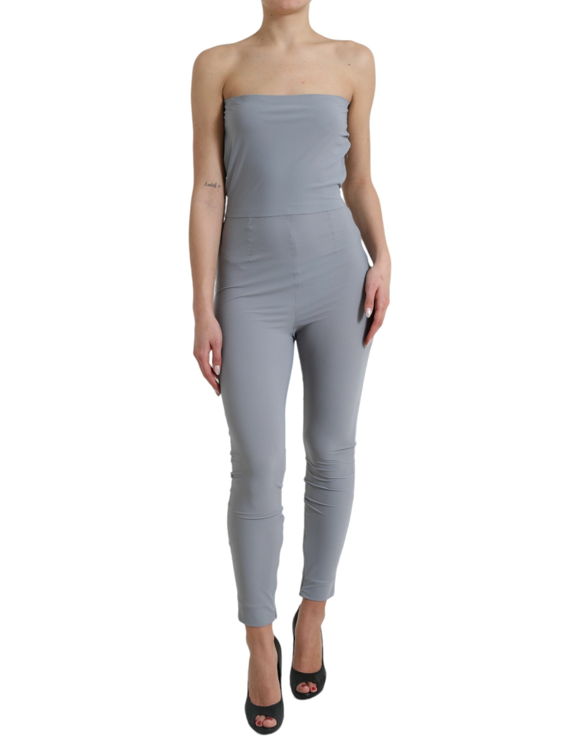 Dolce & Gabbana Graues Nylon trägerloses Bodycon Jumpsuit Kleid