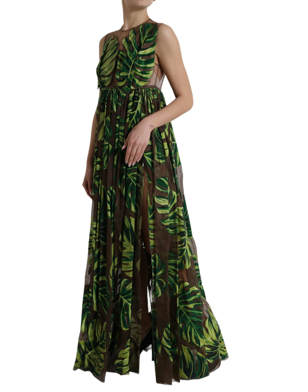 Dolce & Gabbana Grünes ärmelloses langes Maxikleid mit Bananenblättern